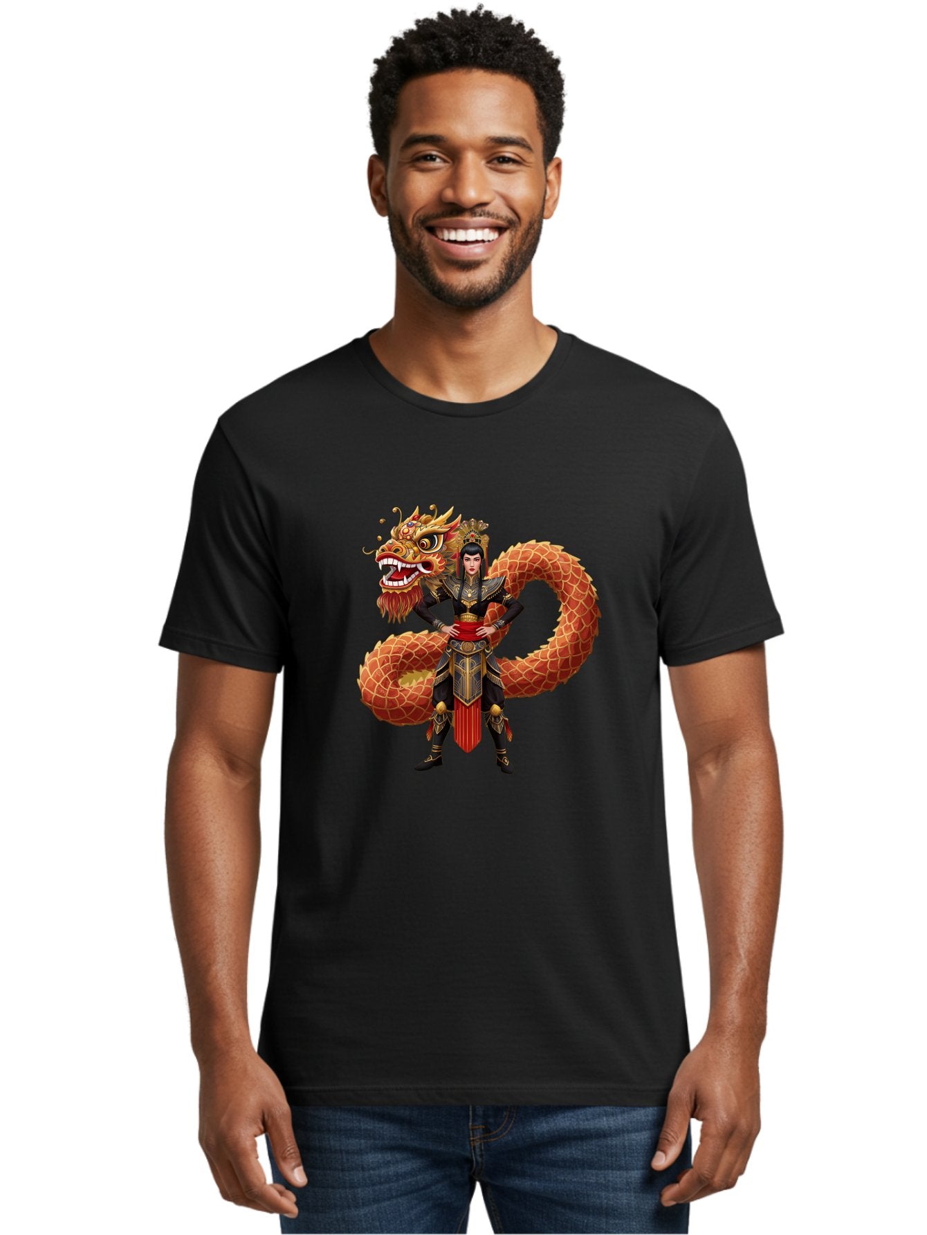 Warrior-Dragon Men'S Graphic Tee, 100% Cotton, Comfortable Casual Summer Wear, Machine Washable, Female Warrior, Dragon Companion, Traditional Armor, Gold Accents, Red Sash, Mythical Creature, Fantasy Art, Eastern Mythology, Bab575 23