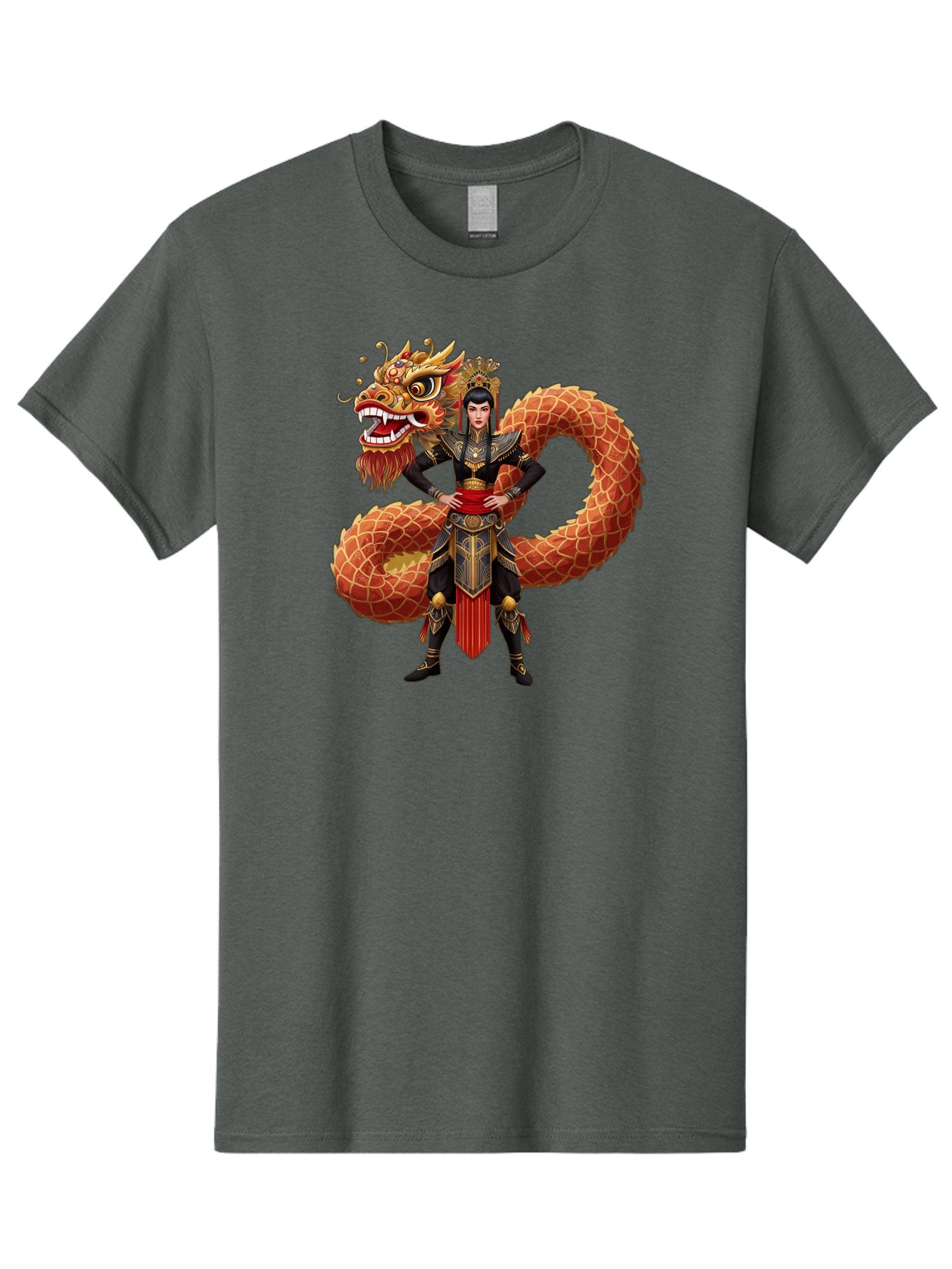 Warrior-Dragon Men'S Graphic Tee, 100% Cotton, Comfortable Casual Summer Wear, Machine Washable, Female Warrior, Dragon Companion, Traditional Armor, Gold Accents, Red Sash, Mythical Creature, Fantasy Art, Eastern Mythology, Bab575