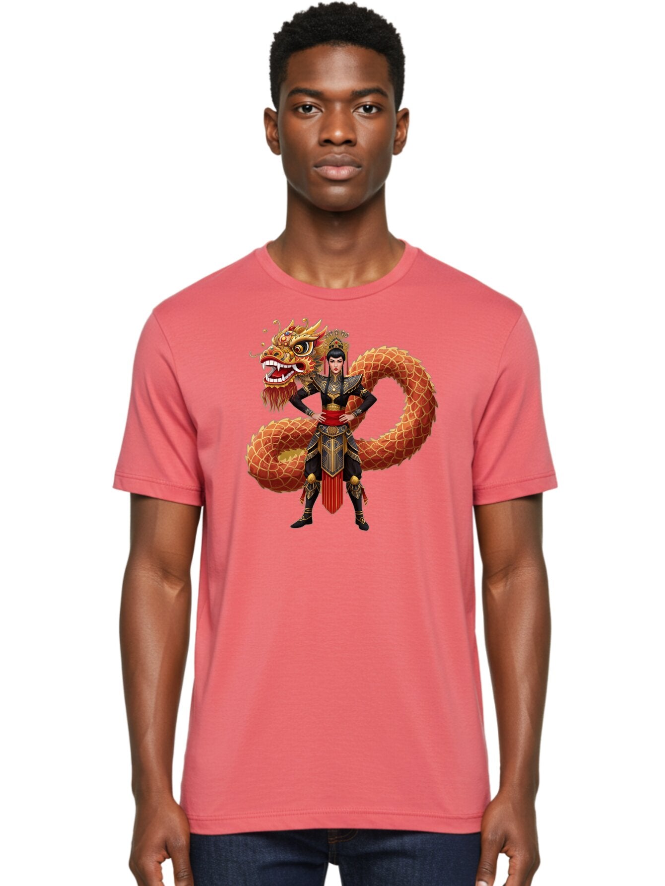 Warrior-Dragon Men'S Graphic Tee, 100% Cotton, Comfortable Casual Summer Wear, Machine Washable, Female Warrior, Dragon Companion, Traditional Armor, Gold Accents, Red Sash, Mythical Creature, Fantasy Art, Eastern Mythology, Bab575 20