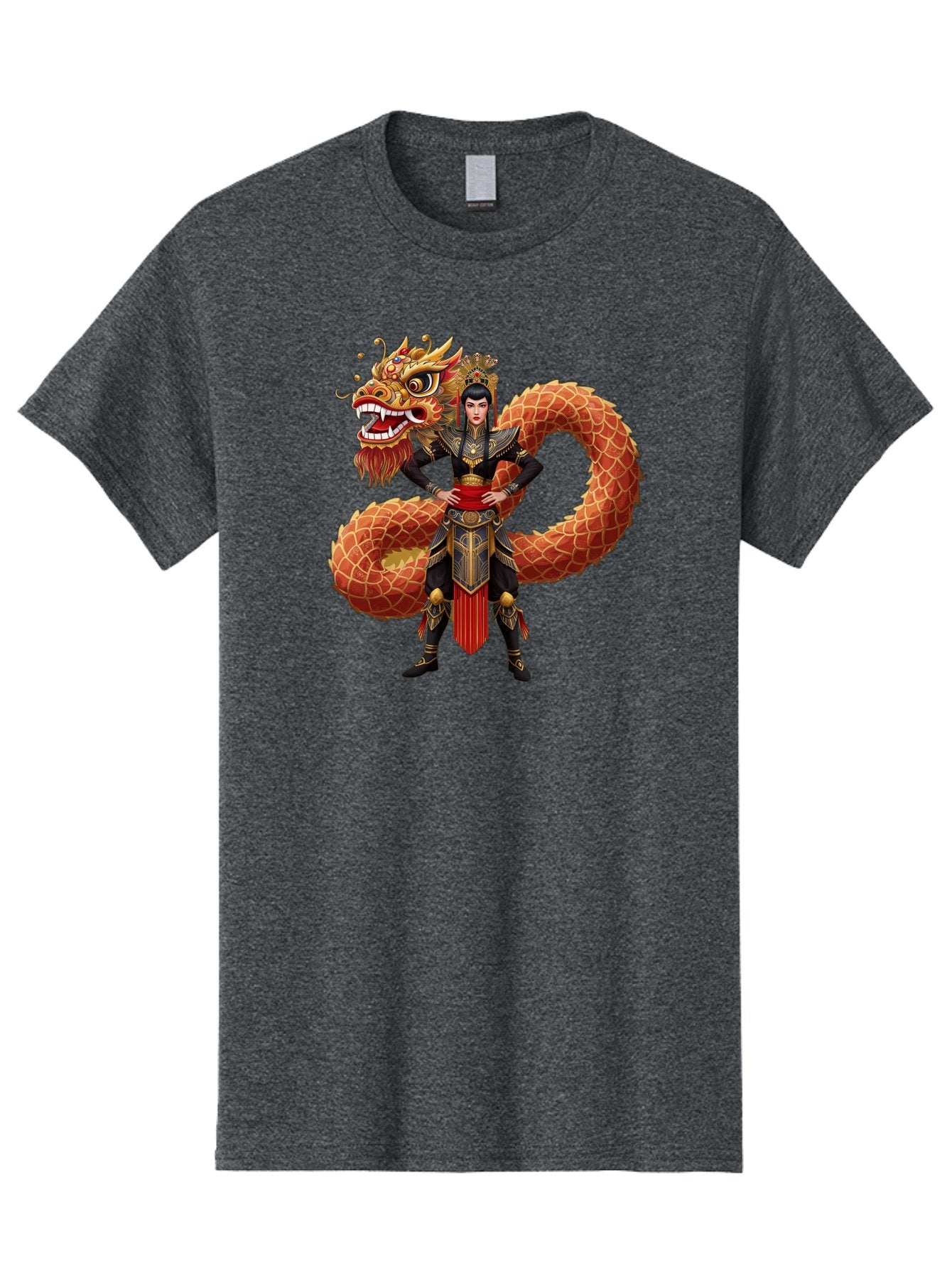 Warrior-Dragon Men'S Graphic Tee, 100% Cotton, Comfortable Casual Summer Wear, Machine Washable, Female Warrior, Dragon Companion, Traditional Armor, Gold Accents, Red Sash, Mythical Creature, Fantasy Art, Eastern Mythology, Bab575