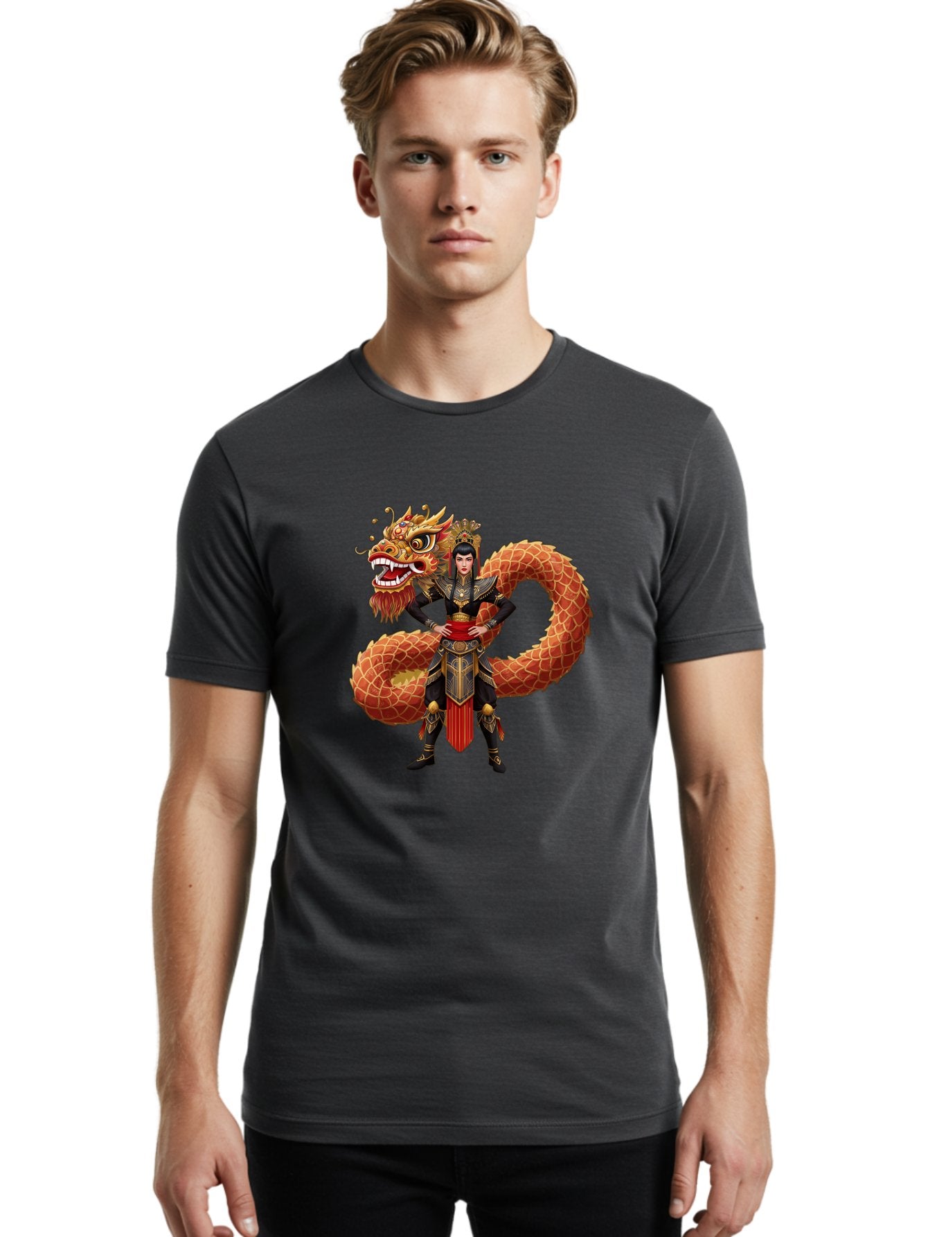 Warrior-Dragon Men'S Graphic Tee, 100% Cotton, Comfortable Casual Summer Wear, Machine Washable, Female Warrior, Dragon Companion, Traditional Armor, Gold Accents, Red Sash, Mythical Creature, Fantasy Art, Eastern Mythology, Bab575 21