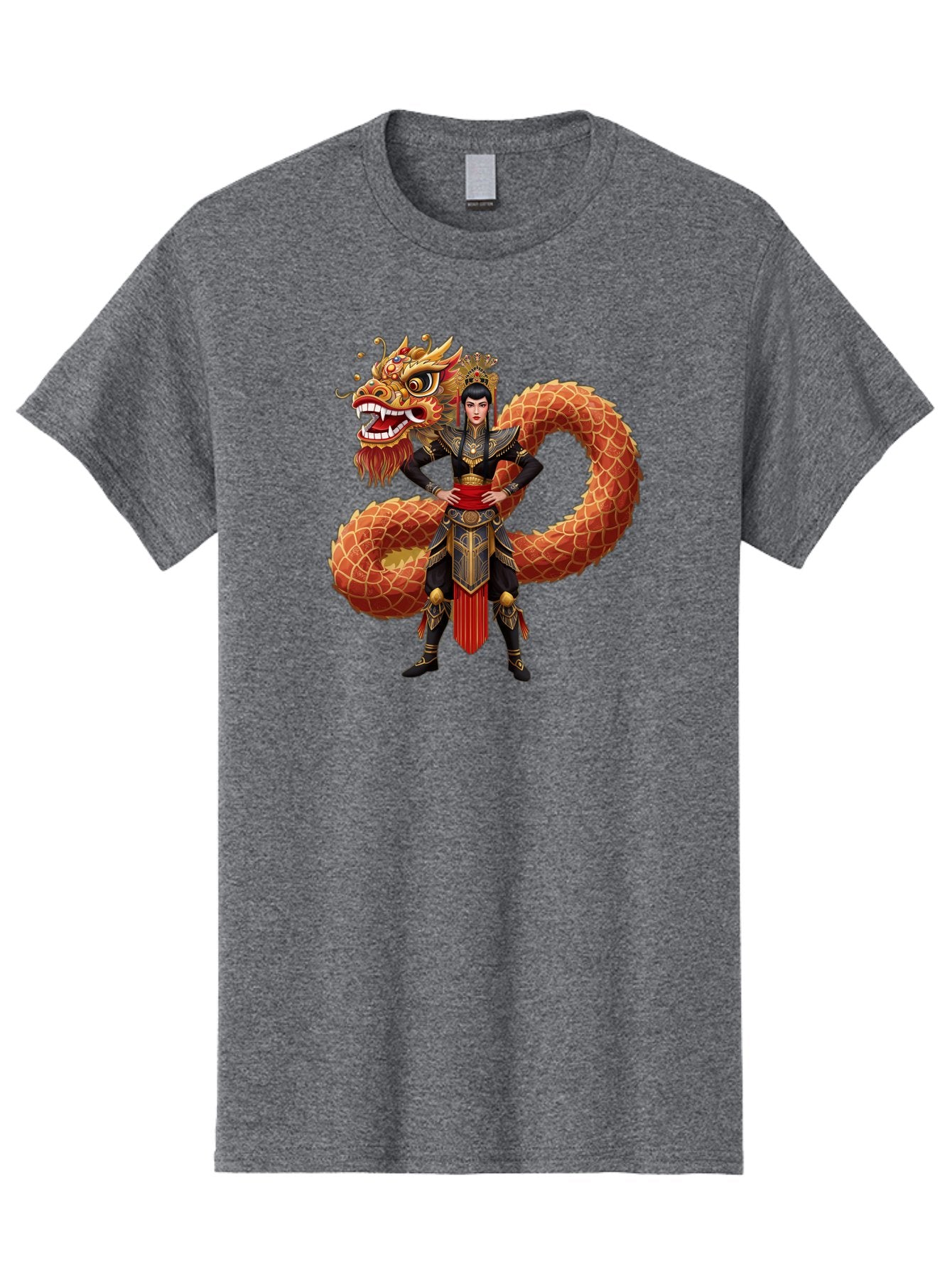 Warrior-Dragon Men'S Graphic Tee, 100% Cotton, Comfortable Casual Summer Wear, Machine Washable, Female Warrior, Dragon Companion, Traditional Armor, Gold Accents, Red Sash, Mythical Creature, Fantasy Art, Eastern Mythology, Bab575 10