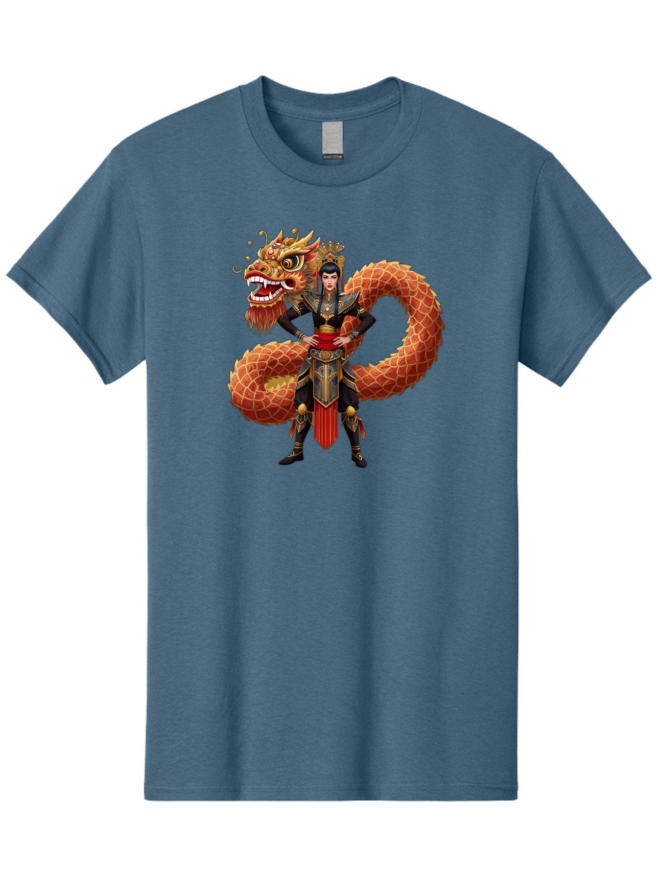 Warrior-Dragon Men'S Graphic Tee, 100% Cotton, Comfortable Casual Summer Wear, Machine Washable, Female Warrior, Dragon Companion, Traditional Armor, Gold Accents, Red Sash, Mythical Creature, Fantasy Art, Eastern Mythology, Bab575 7