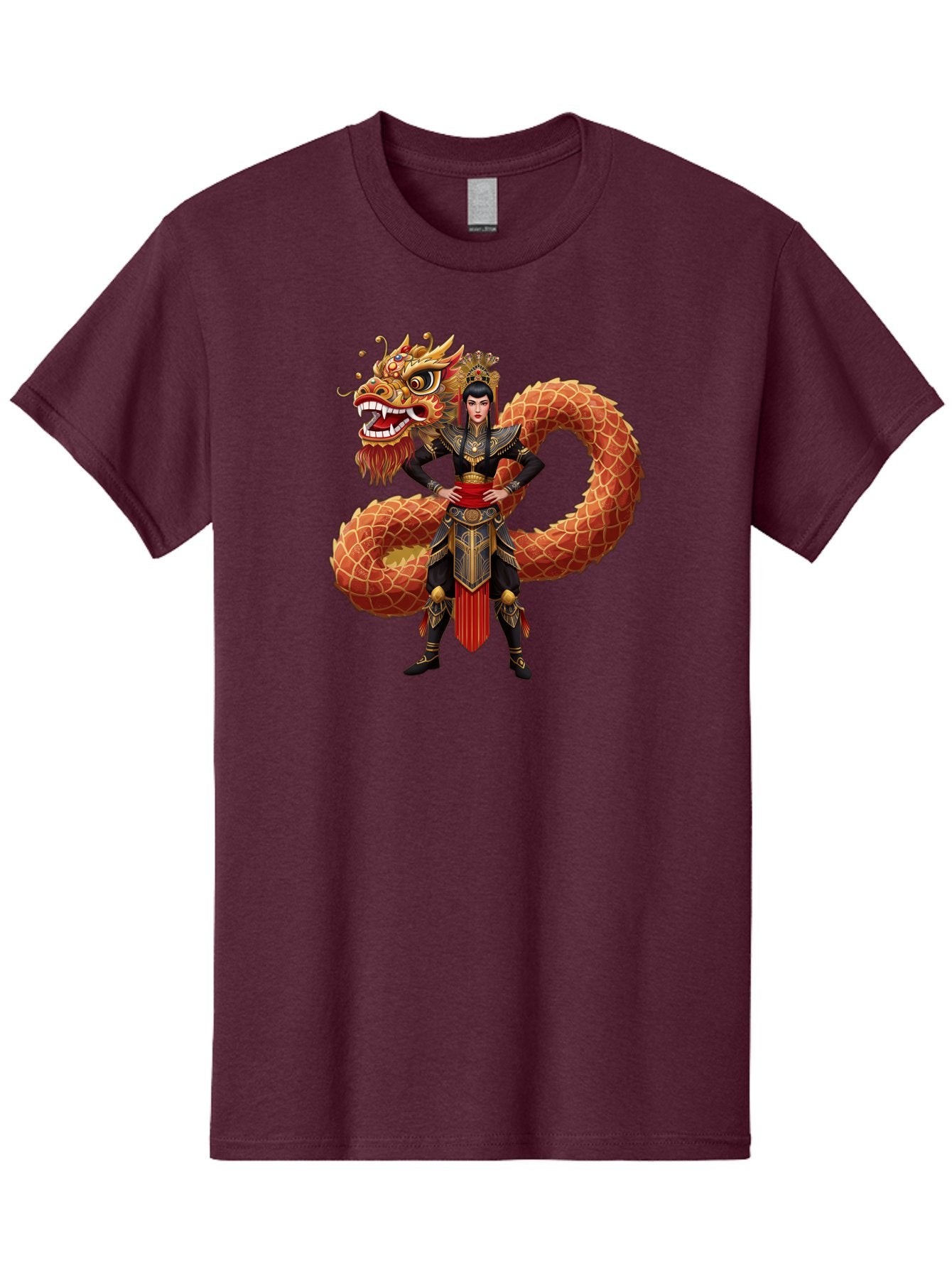 Warrior-Dragon Men'S Graphic Tee, 100% Cotton, Comfortable Casual Summer Wear, Machine Washable, Female Warrior, Dragon Companion, Traditional Armor, Gold Accents, Red Sash, Mythical Creature, Fantasy Art, Eastern Mythology, Bab575 12