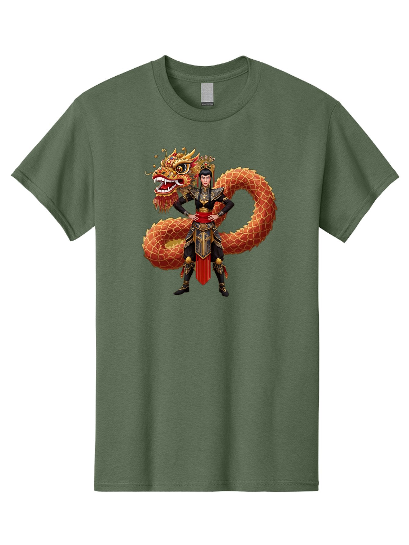 Warrior-Dragon Men'S Graphic Tee, 100% Cotton, Comfortable Casual Summer Wear, Machine Washable, Female Warrior, Dragon Companion, Traditional Armor, Gold Accents, Red Sash, Mythical Creature, Fantasy Art, Eastern Mythology, Bab575 8