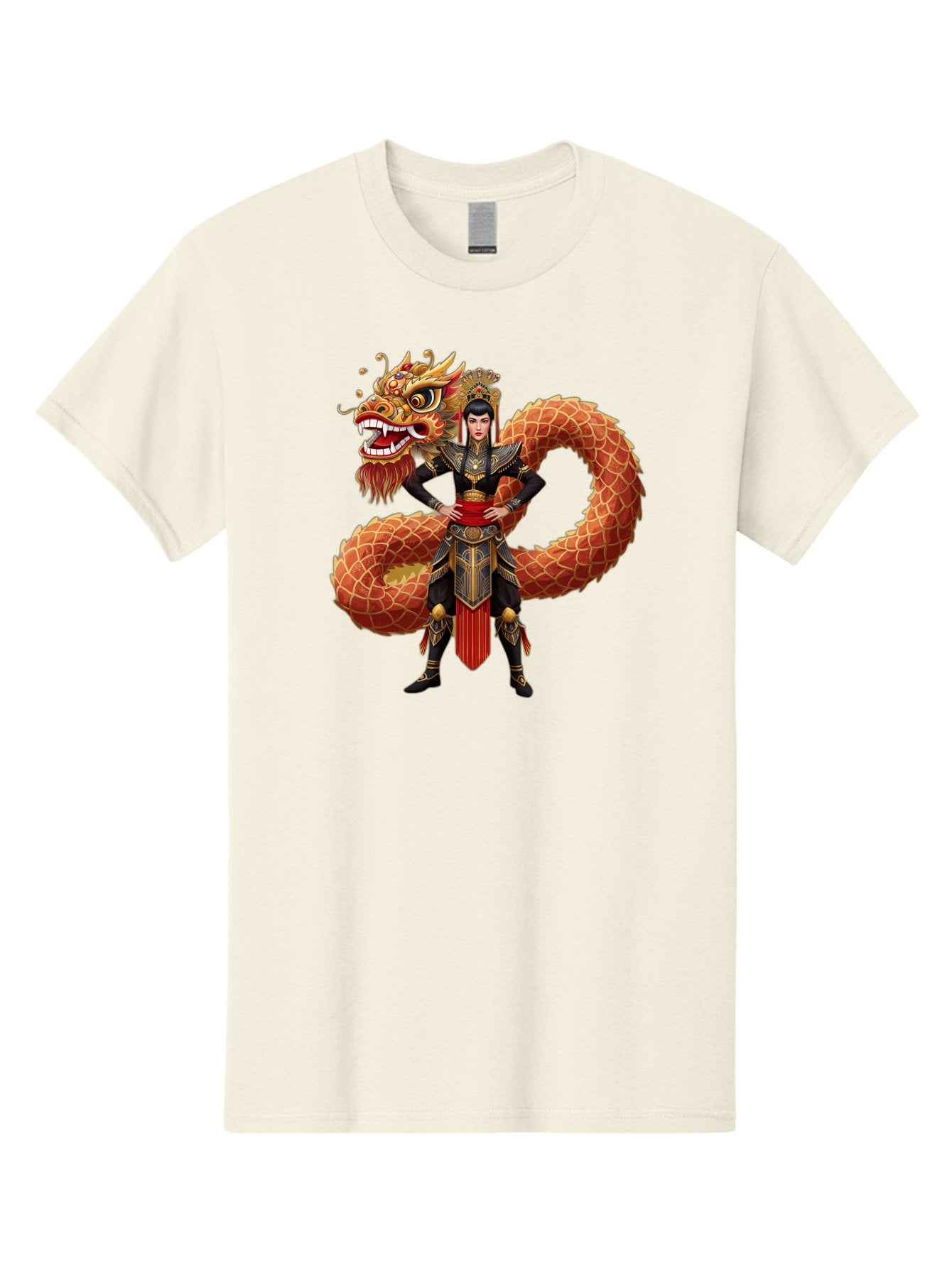 Warrior-Dragon Men'S Graphic Tee, 100% Cotton, Comfortable Casual Summer Wear, Machine Washable, Female Warrior, Dragon Companion, Traditional Armor, Gold Accents, Red Sash, Mythical Creature, Fantasy Art, Eastern Mythology, Bab575 14