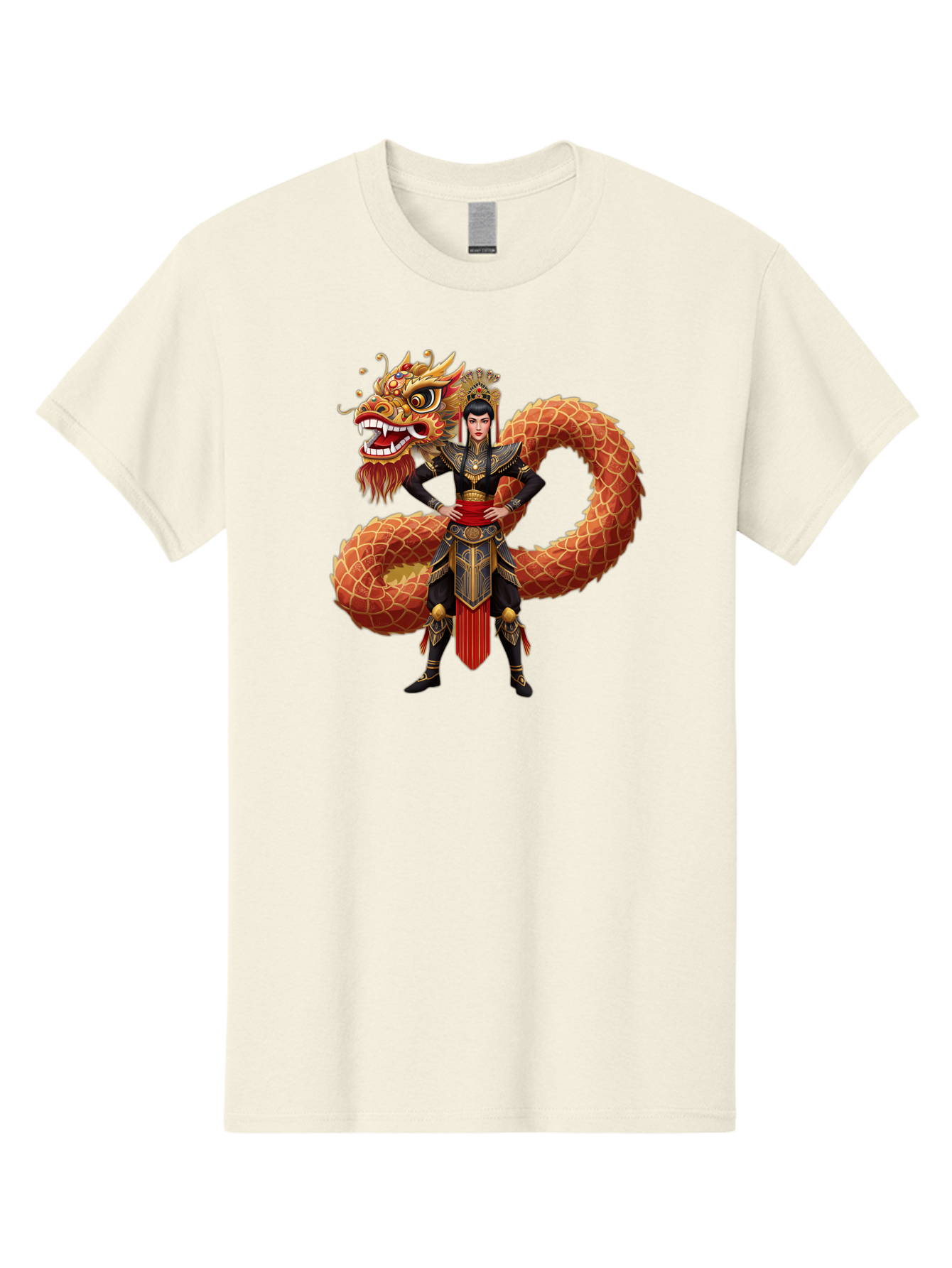 Warrior-Dragon Men'S Graphic Tee, 100% Cotton, Comfortable Casual Summer Wear, Machine Washable, Female Warrior, Dragon Companion, Traditional Armor, Gold Accents, Red Sash, Mythical Creature, Fantasy Art, Eastern Mythology, Bab575