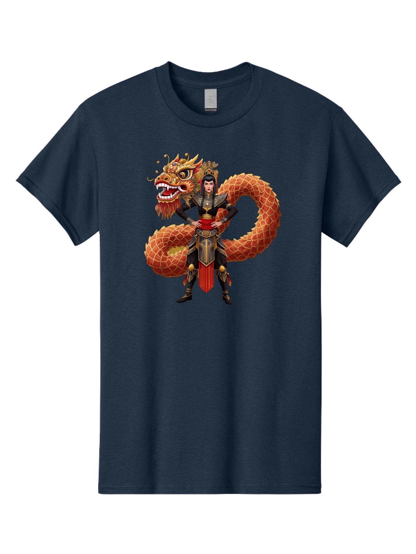 Warrior-Dragon Men'S Graphic Tee, 100% Cotton, Comfortable Casual Summer Wear, Machine Washable, Female Warrior, Dragon Companion, Traditional Armor, Gold Accents, Red Sash, Mythical Creature, Fantasy Art, Eastern Mythology, Bab575 9