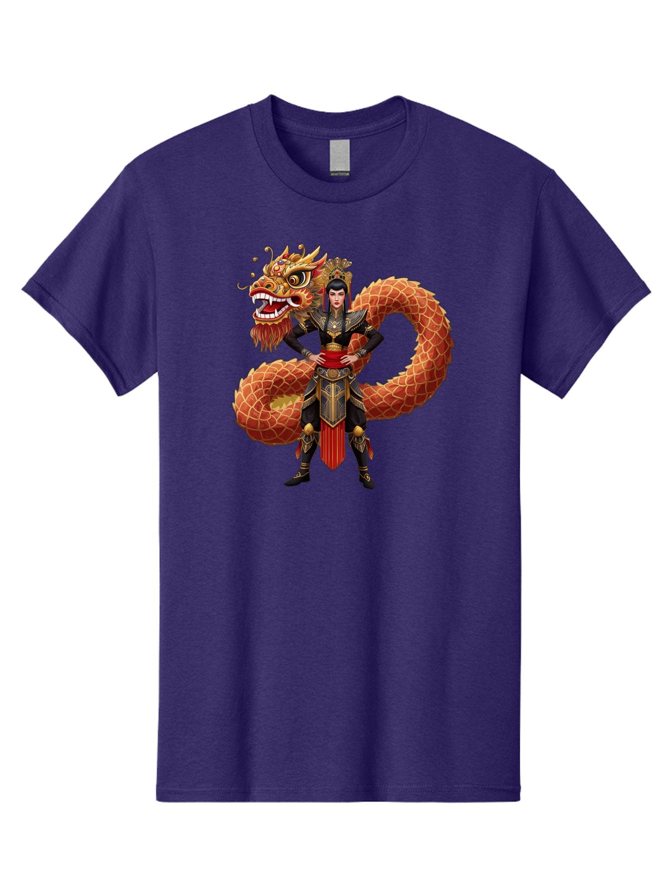Warrior-Dragon Men'S Graphic Tee, 100% Cotton, Comfortable Casual Summer Wear, Machine Washable, Female Warrior, Dragon Companion, Traditional Armor, Gold Accents, Red Sash, Mythical Creature, Fantasy Art, Eastern Mythology, Bab575 6