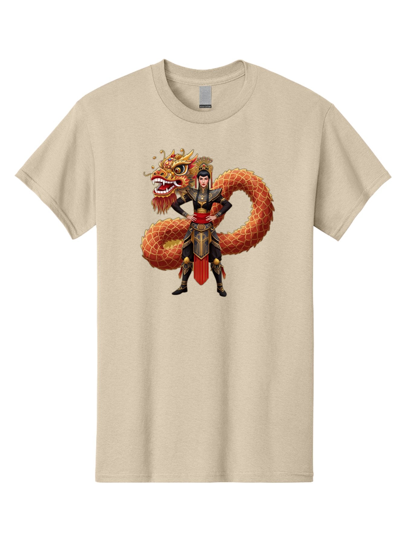 Warrior-Dragon Men'S Graphic Tee, 100% Cotton, Comfortable Casual Summer Wear, Machine Washable, Female Warrior, Dragon Companion, Traditional Armor, Gold Accents, Red Sash, Mythical Creature, Fantasy Art, Eastern Mythology, Bab575 15