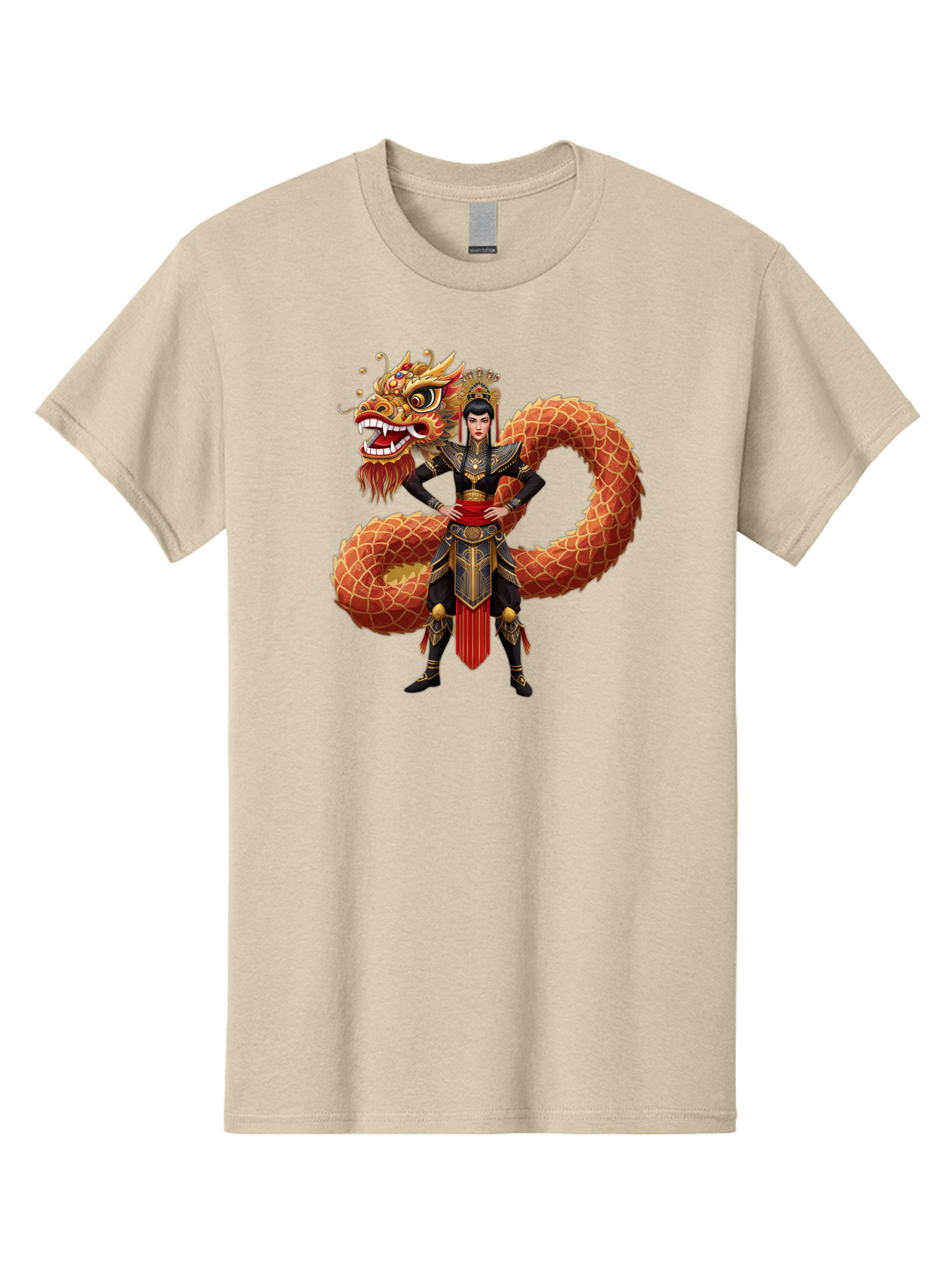Warrior-Dragon Men'S Graphic Tee, 100% Cotton, Comfortable Casual Summer Wear, Machine Washable, Female Warrior, Dragon Companion, Traditional Armor, Gold Accents, Red Sash, Mythical Creature, Fantasy Art, Eastern Mythology, Bab575