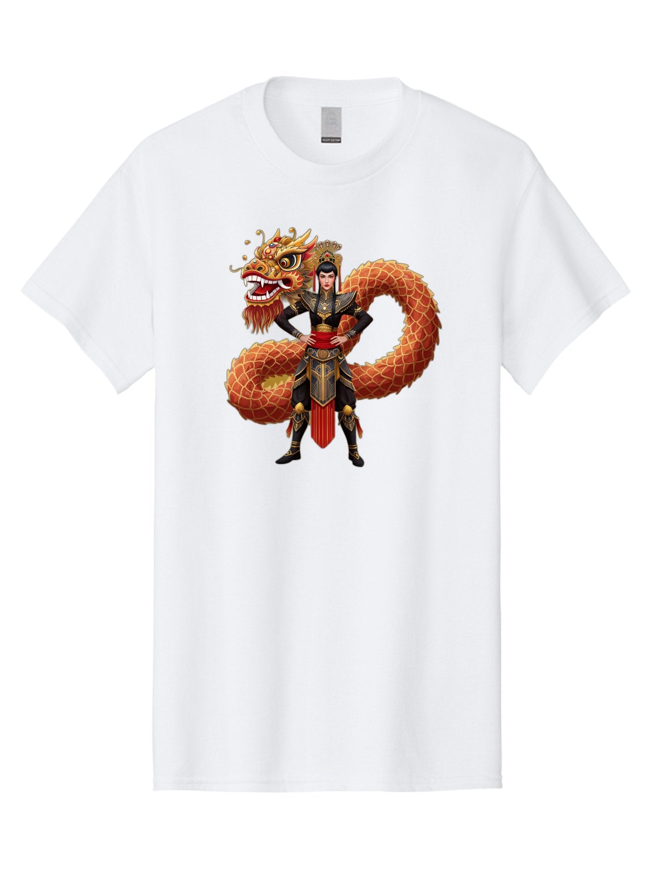 Warrior-Dragon Men'S Graphic Tee, 100% Cotton, Comfortable Casual Summer Wear, Machine Washable, Female Warrior, Dragon Companion, Traditional Armor, Gold Accents, Red Sash, Mythical Creature, Fantasy Art, Eastern Mythology, Bab575 3