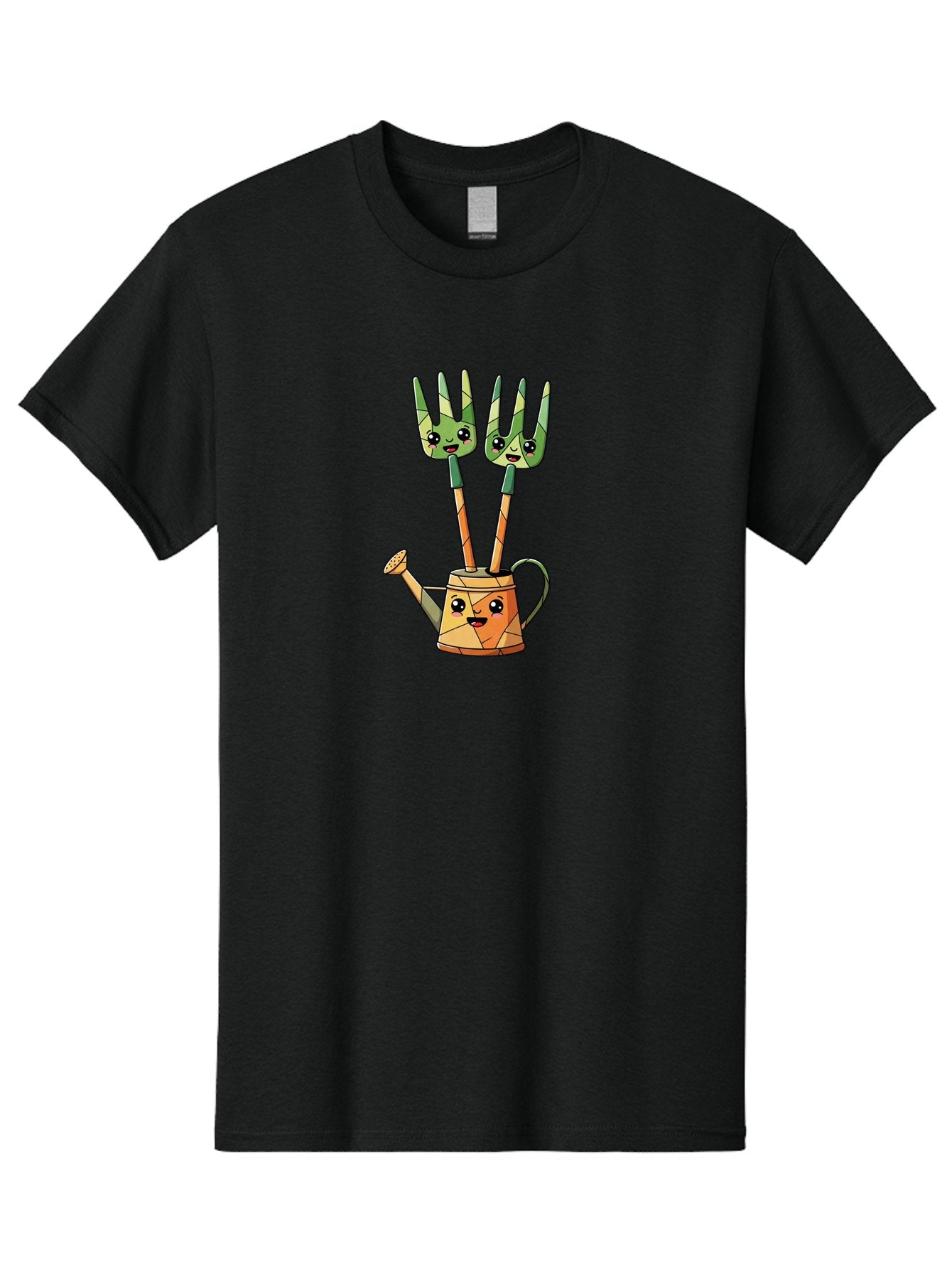Watering-Can-And-Forks Men'S Graphic Tee, 100% Cotton, Comfortable Casual Summer Wear, Machine Washable, Cartoon Gardening Tools, Anthropomorphic Utensils, Watering Can With Face, Forks As Companions, Gardening Humor, Playful Illustration, Bab576 6