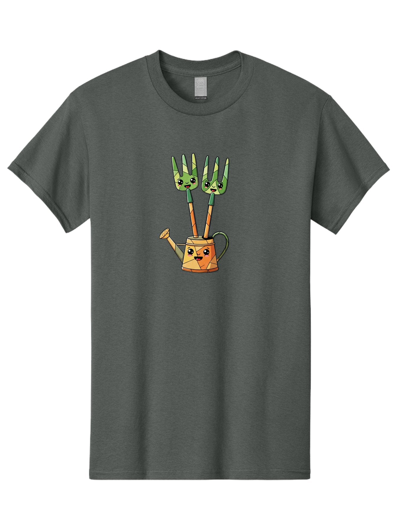 Watering-Can-And-Forks Men'S Graphic Tee, 100% Cotton, Comfortable Casual Summer Wear, Machine Washable, Cartoon Gardening Tools, Anthropomorphic Utensils, Watering Can With Face, Forks As Companions, Gardening Humor, Playful Illustration, Bab576 7