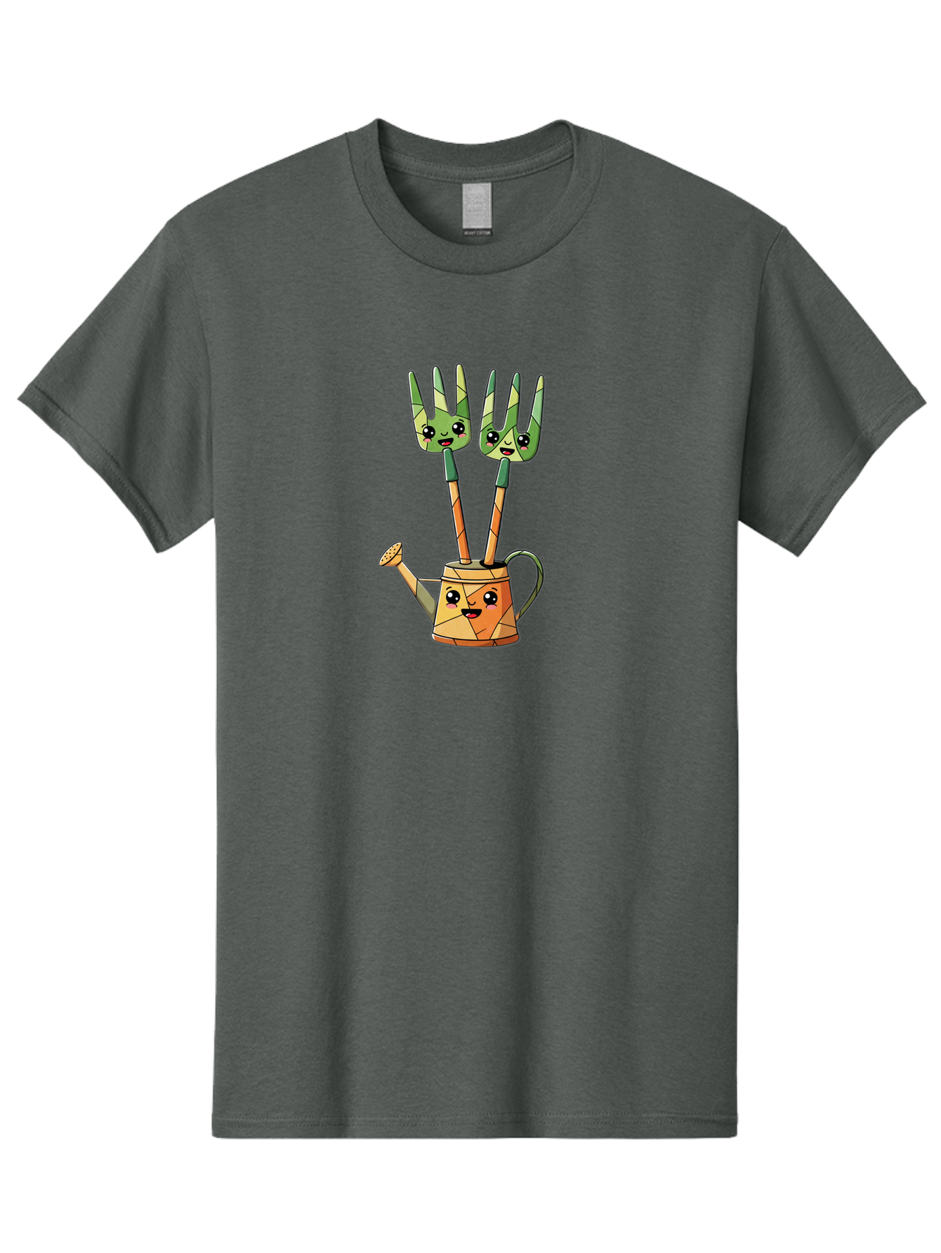 Watering-Can-And-Forks Men'S Graphic Tee, 100% Cotton, Comfortable Casual Summer Wear, Machine Washable, Cartoon Gardening Tools, Anthropomorphic Utensils, Watering Can With Face, Forks As Companions, Gardening Humor, Playful Illustration, Bab576 13