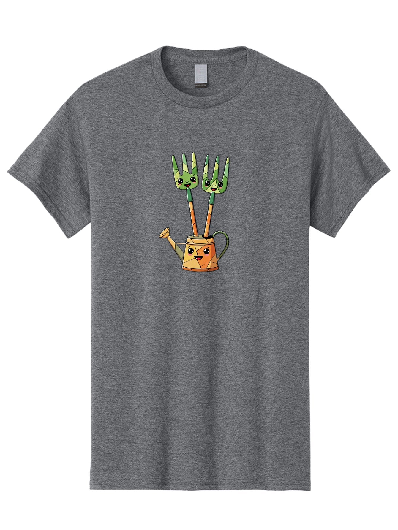 Watering-Can-And-Forks Men'S Graphic Tee, 100% Cotton, Comfortable Casual Summer Wear, Machine Washable, Cartoon Gardening Tools, Anthropomorphic Utensils, Watering Can With Face, Forks As Companions, Gardening Humor, Playful Illustration, Bab576