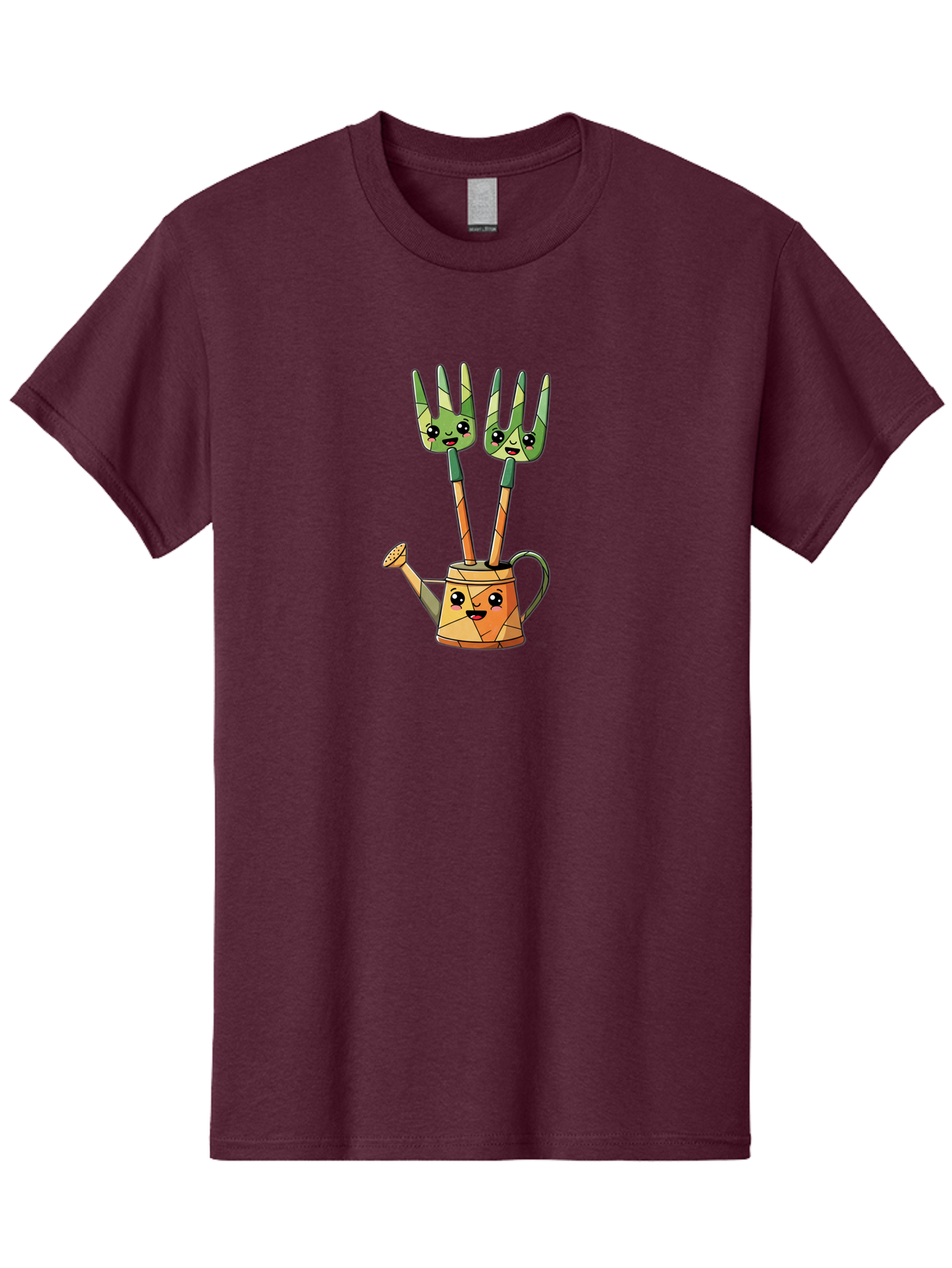 Watering-Can-And-Forks Men'S Graphic Tee, 100% Cotton, Comfortable Casual Summer Wear, Machine Washable, Cartoon Gardening Tools, Anthropomorphic Utensils, Watering Can With Face, Forks As Companions, Gardening Humor, Playful Illustration, Bab576