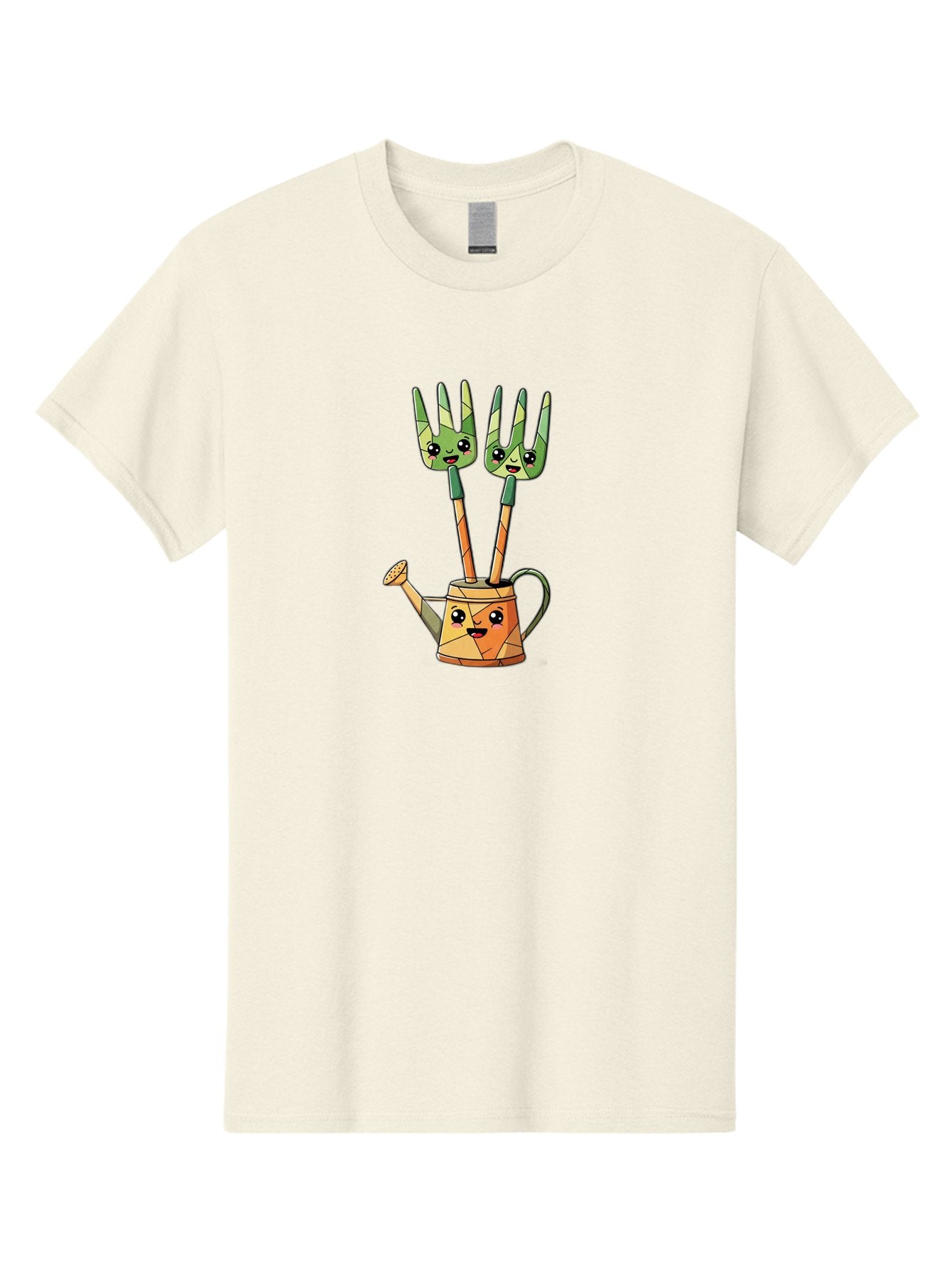 Watering-Can-And-Forks Men'S Graphic Tee, 100% Cotton, Comfortable Casual Summer Wear, Machine Washable, Cartoon Gardening Tools, Anthropomorphic Utensils, Watering Can With Face, Forks As Companions, Gardening Humor, Playful Illustration, Bab576 15