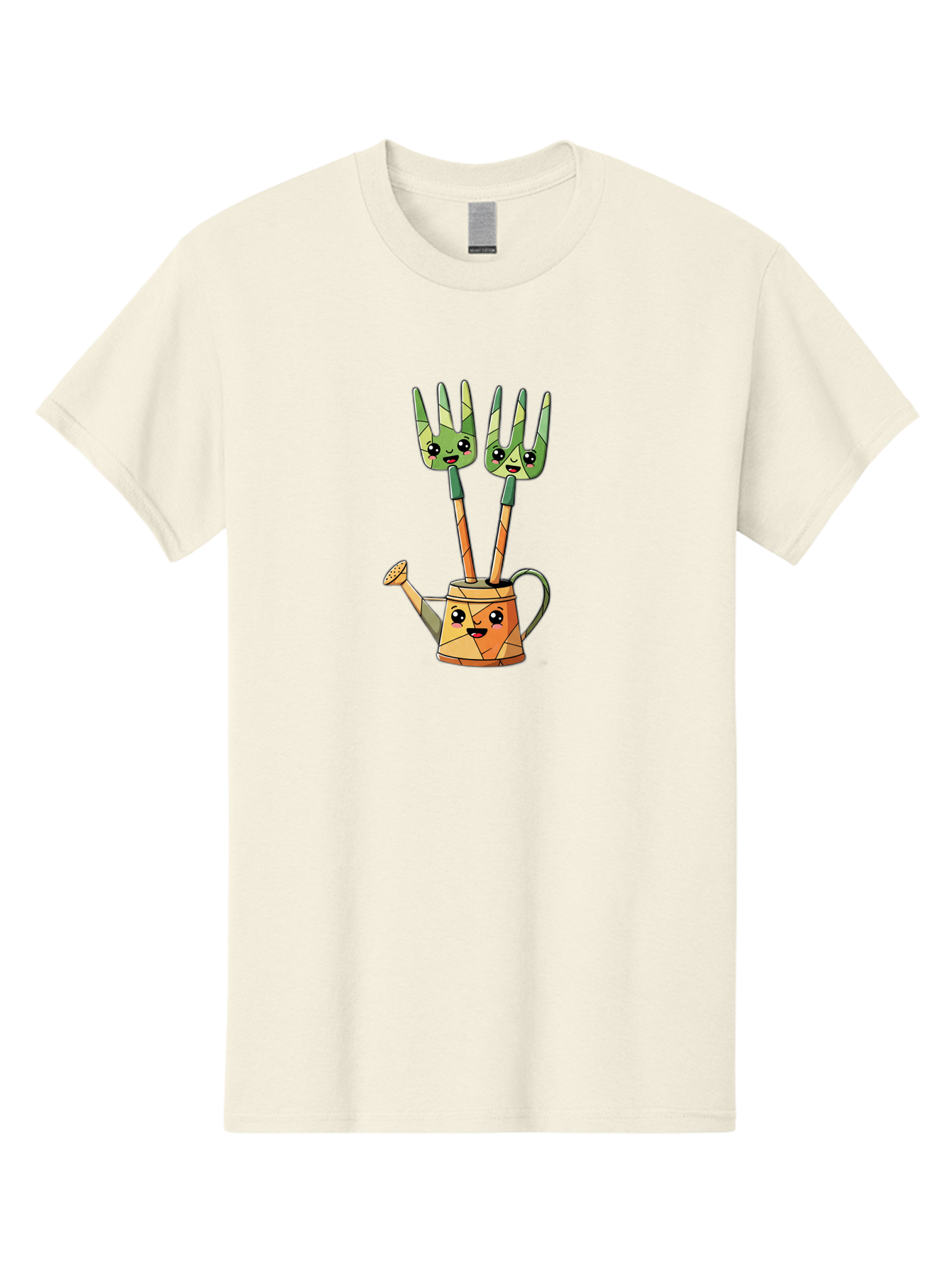 Watering-Can-And-Forks Men'S Graphic Tee, 100% Cotton, Comfortable Casual Summer Wear, Machine Washable, Cartoon Gardening Tools, Anthropomorphic Utensils, Watering Can With Face, Forks As Companions, Gardening Humor, Playful Illustration, Bab576
