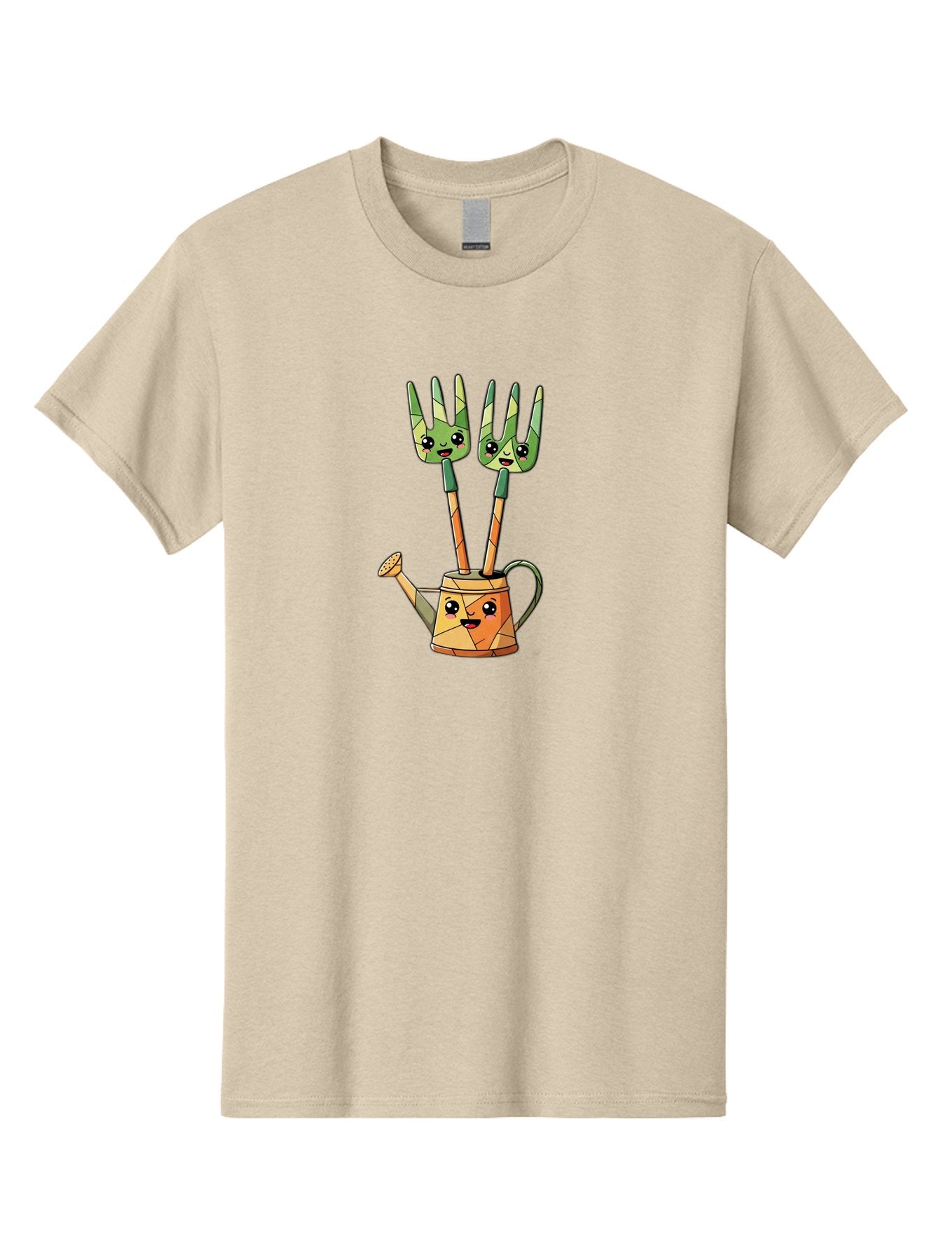 Watering-Can-And-Forks Men'S Graphic Tee, 100% Cotton, Comfortable Casual Summer Wear, Machine Washable, Cartoon Gardening Tools, Anthropomorphic Utensils, Watering Can With Face, Forks As Companions, Gardening Humor, Playful Illustration, Bab576 5