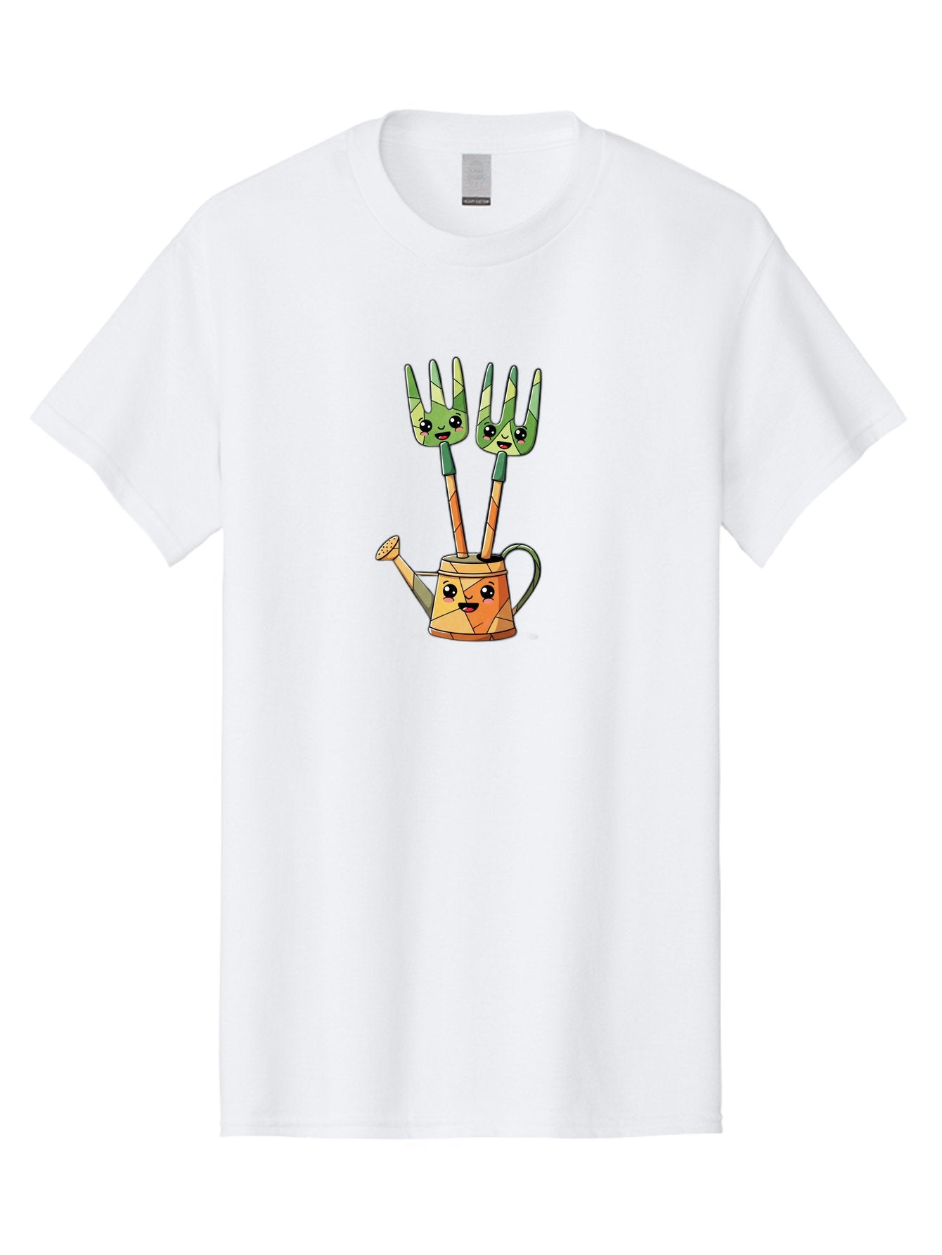 Watering-Can-And-Forks Men'S Graphic Tee, 100% Cotton, Comfortable Casual Summer Wear, Machine Washable, Cartoon Gardening Tools, Anthropomorphic Utensils, Watering Can With Face, Forks As Companions, Gardening Humor, Playful Illustration, Bab576 9