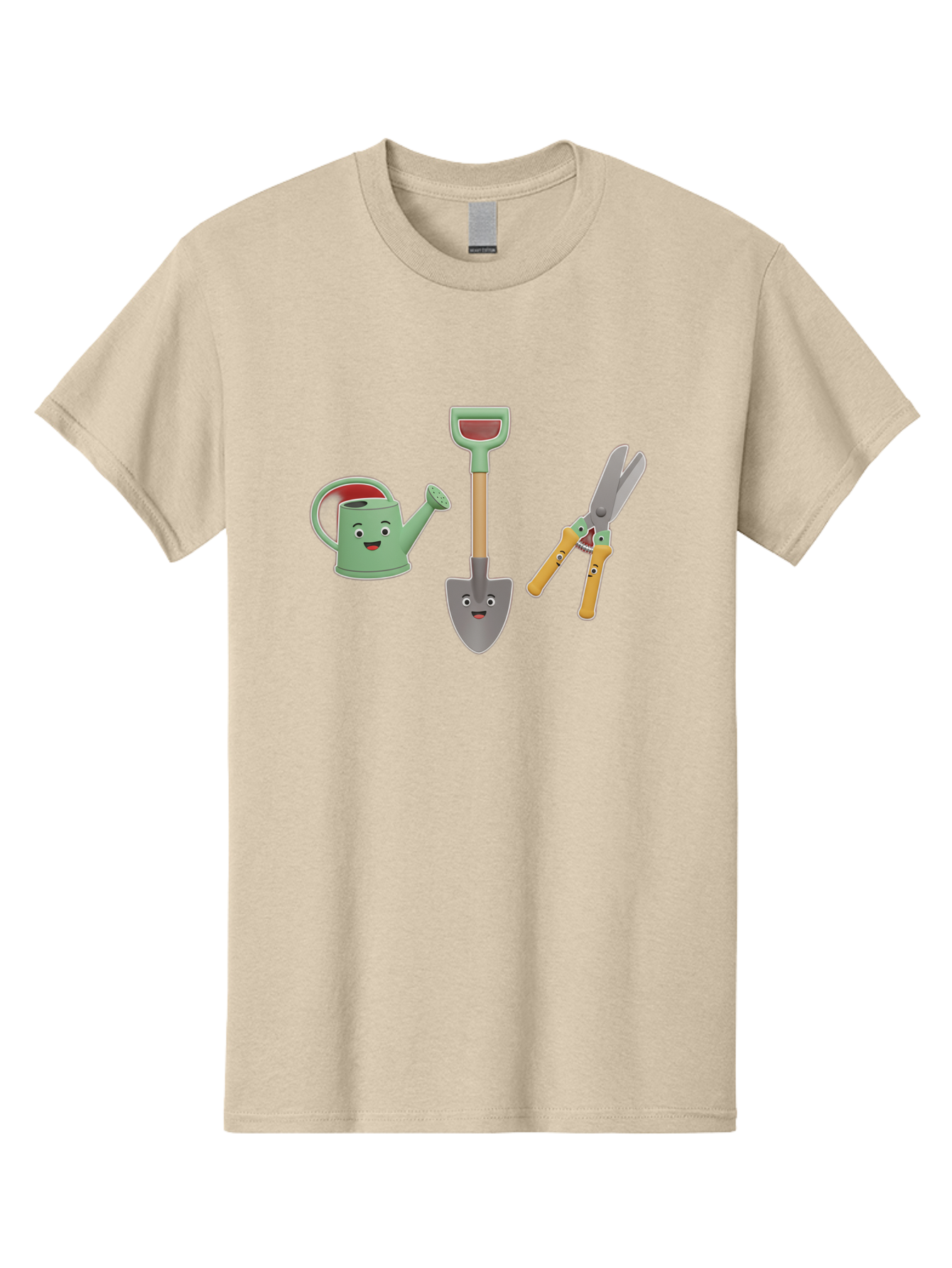 Watering-Can-Shovel-Pruning-Shears Men'S Graphic Tee, 100% Cotton, Comfortable Casual Summer Wear, Machine Washable, Gardening Tools, Watering Can With Face, Shovel With Face, Pruning Shears, Anthropomorphic Gardening Equipment, Bab577