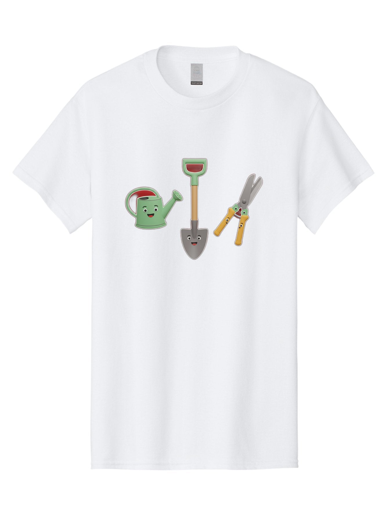 Watering-Can-Shovel-Pruning-Shears Men'S Graphic Tee, 100% Cotton, Comfortable Casual Summer Wear, Machine Washable, Gardening Tools, Watering Can With Face, Shovel With Face, Pruning Shears, Anthropomorphic Gardening Equipment, Bab577