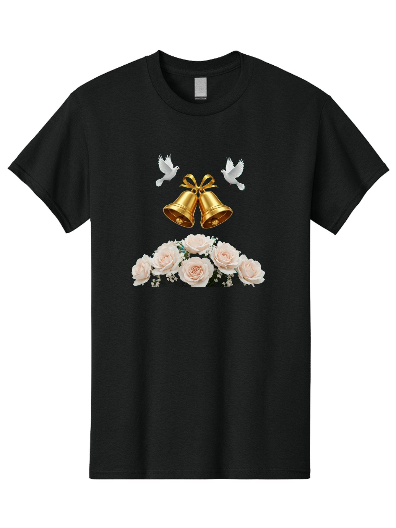 Wedding-Bells-With-Roses Men'S Graphic Tee, 100% Cotton, Comfortable Casual Summer Wear, Machine Washable, Wedding Bells, Golden Bells, White Doves, Bouquet Of Roses, White Roses, Baby'S Breath, Wedding Decor, Wedding Invitation, Bab580 11