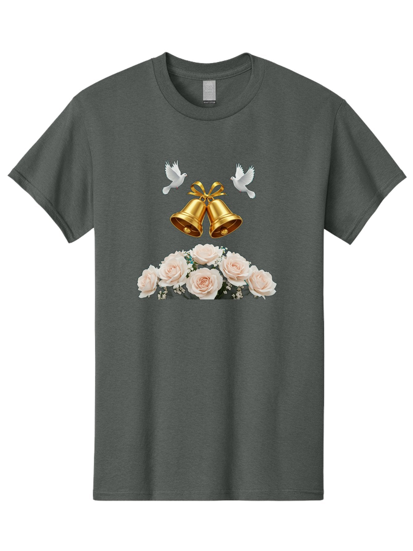 Wedding-Bells-With-Roses Men'S Graphic Tee, 100% Cotton, Comfortable Casual Summer Wear, Machine Washable, Wedding Bells, Golden Bells, White Doves, Bouquet Of Roses, White Roses, Baby'S Breath, Wedding Decor, Wedding Invitation, Bab580 8