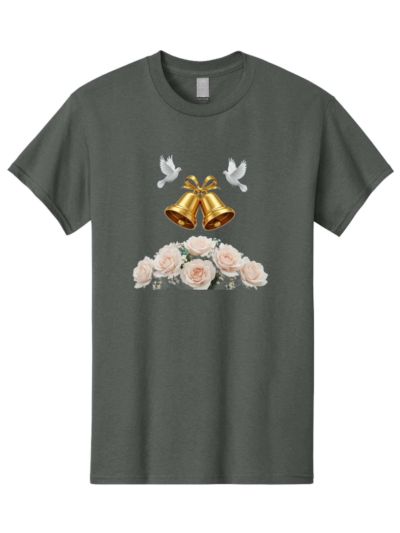 Wedding-Bells-With-Roses Men'S Graphic Tee, 100% Cotton, Comfortable Casual Summer Wear, Machine Washable, Wedding Bells, Golden Bells, White Doves, Bouquet Of Roses, White Roses, Baby'S Breath, Wedding Decor, Wedding Invitation, Bab580 6