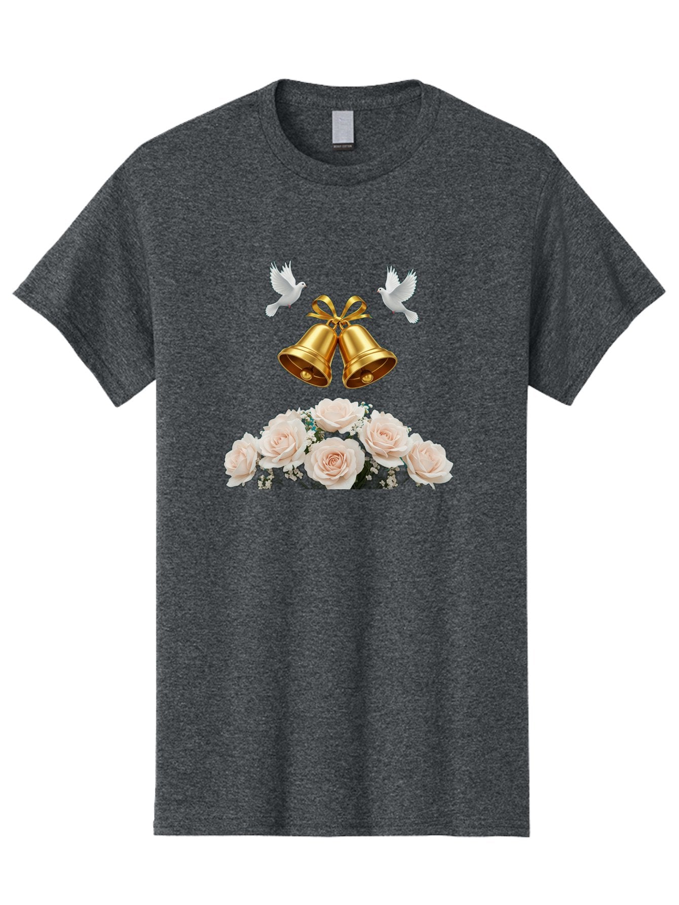 Wedding-Bells-With-Roses Men'S Graphic Tee, 100% Cotton, Comfortable Casual Summer Wear, Machine Washable, Wedding Bells, Golden Bells, White Doves, Bouquet Of Roses, White Roses, Baby'S Breath, Wedding Decor, Wedding Invitation, Bab580 5