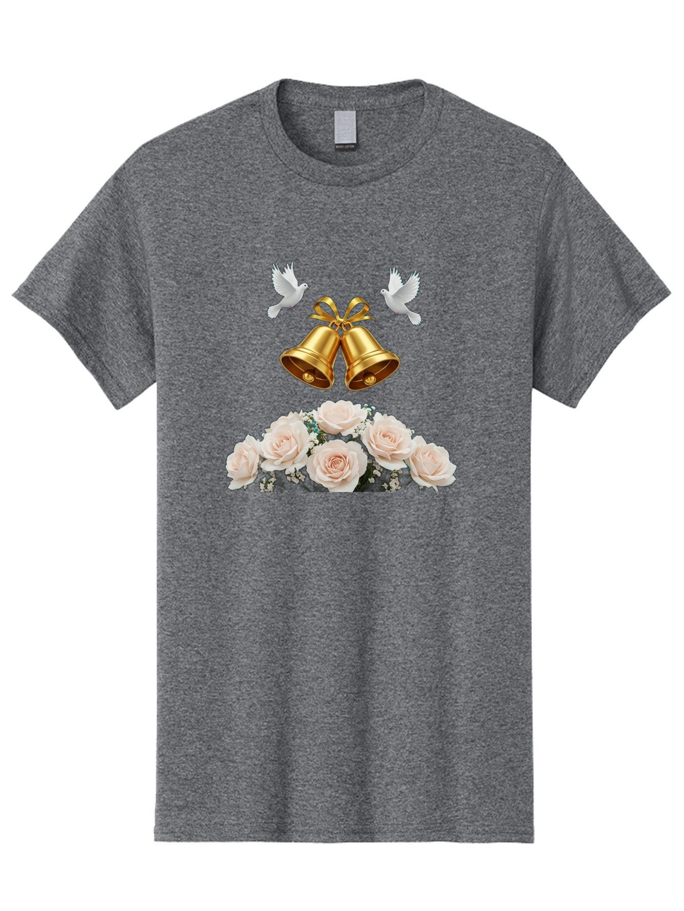 Wedding-Bells-With-Roses Men'S Graphic Tee, 100% Cotton, Comfortable Casual Summer Wear, Machine Washable, Wedding Bells, Golden Bells, White Doves, Bouquet Of Roses, White Roses, Baby'S Breath, Wedding Decor, Wedding Invitation, Bab580 9