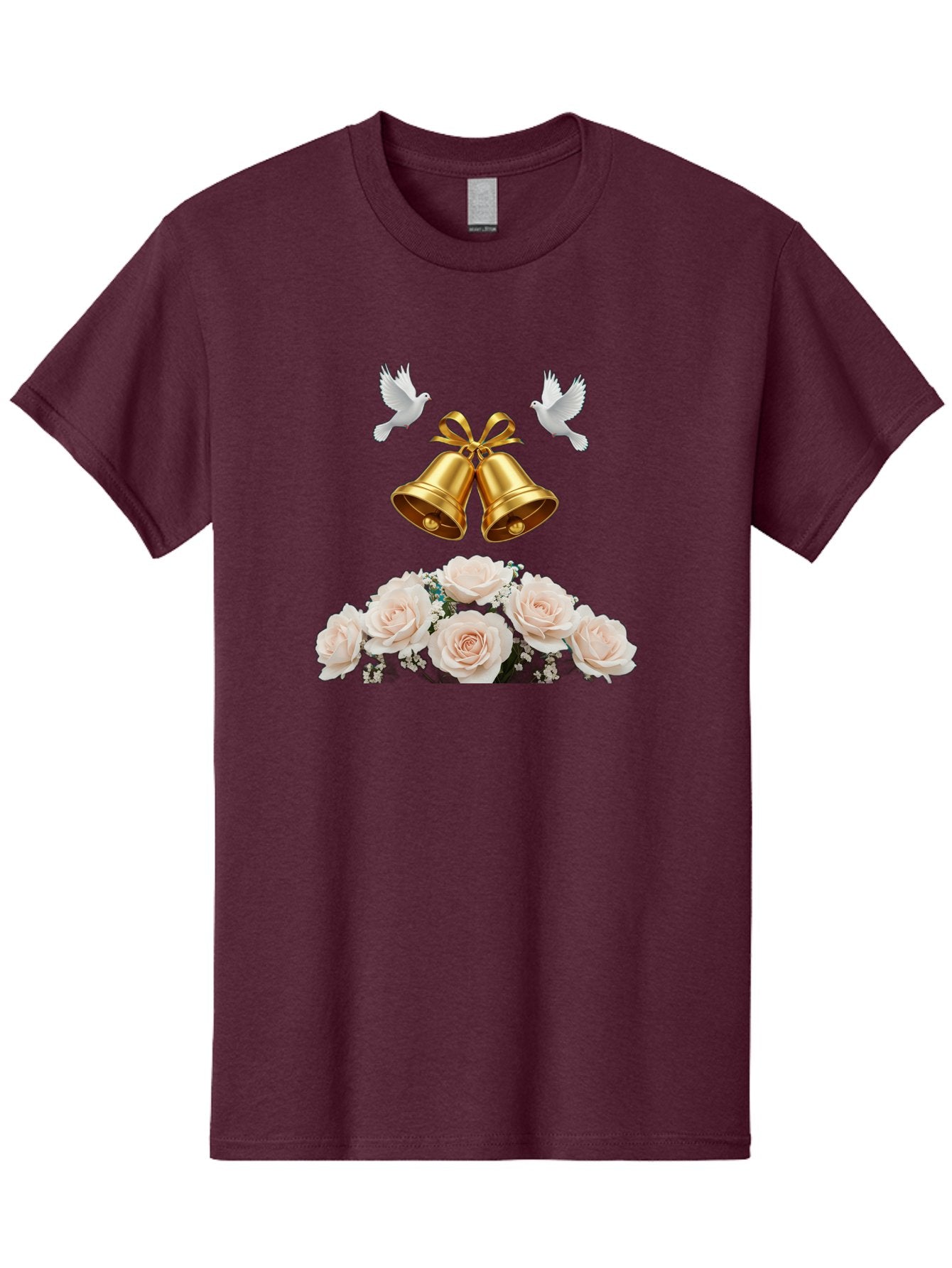 Wedding-Bells-With-Roses Men'S Graphic Tee, 100% Cotton, Comfortable Casual Summer Wear, Machine Washable, Wedding Bells, Golden Bells, White Doves, Bouquet Of Roses, White Roses, Baby'S Breath, Wedding Decor, Wedding Invitation, Bab580 3