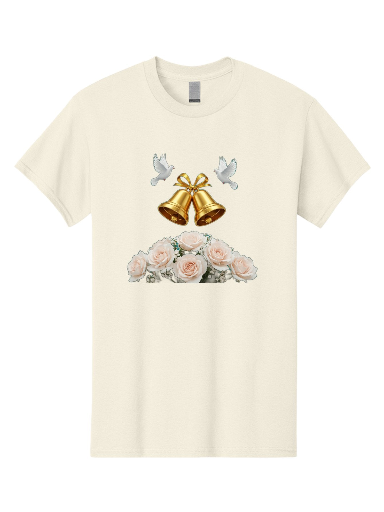 Wedding-Bells-With-Roses Men'S Graphic Tee, 100% Cotton, Comfortable Casual Summer Wear, Machine Washable, Wedding Bells, Golden Bells, White Doves, Bouquet Of Roses, White Roses, Baby'S Breath, Wedding Decor, Wedding Invitation, Bab580 13