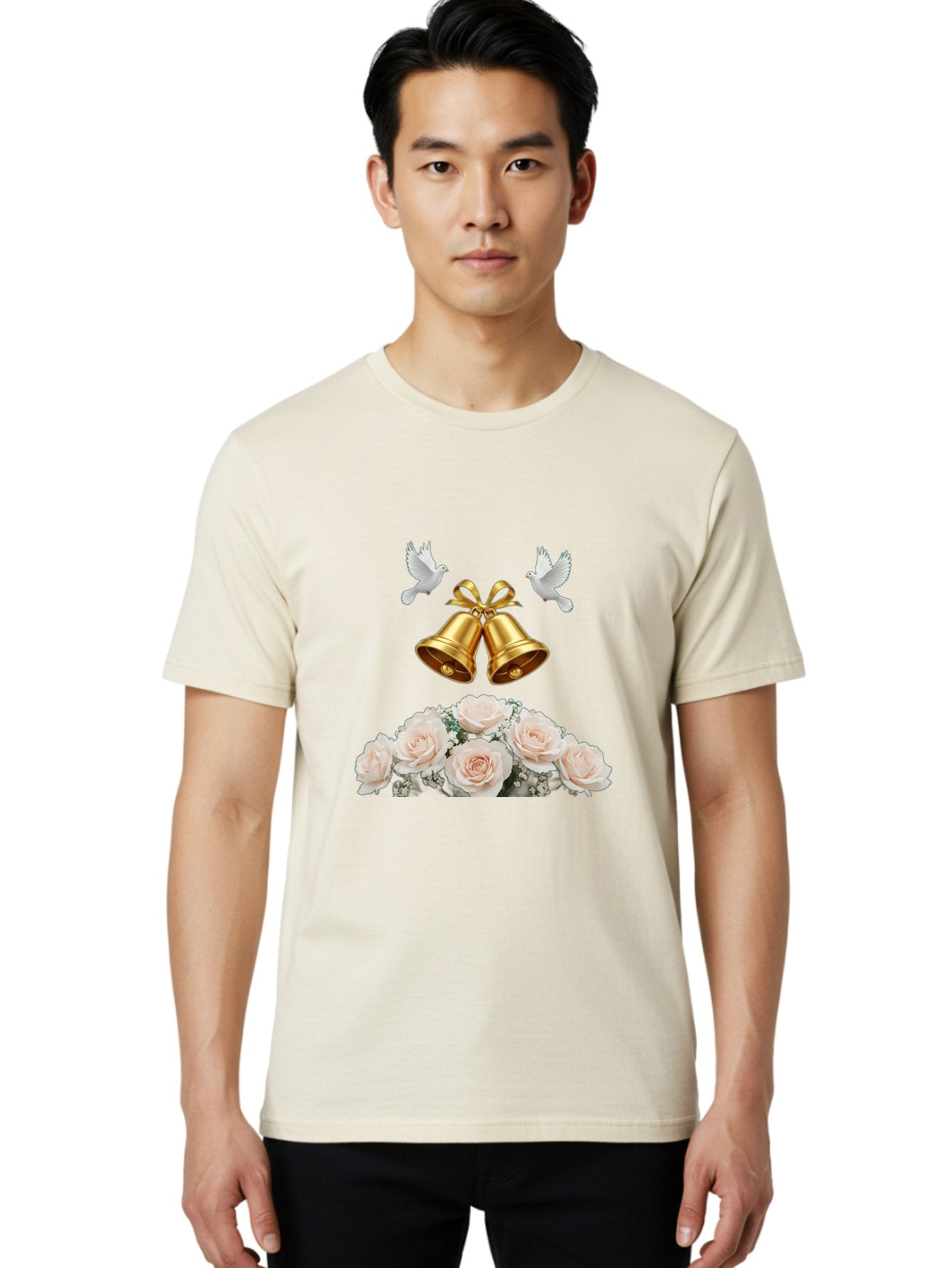 Wedding-Bells-With-Roses Men'S Graphic Tee, 100% Cotton, Comfortable Casual Summer Wear, Machine Washable, Wedding Bells, Golden Bells, White Doves, Bouquet Of Roses, White Roses, Baby'S Breath, Wedding Decor, Wedding Invitation, Bab580 20