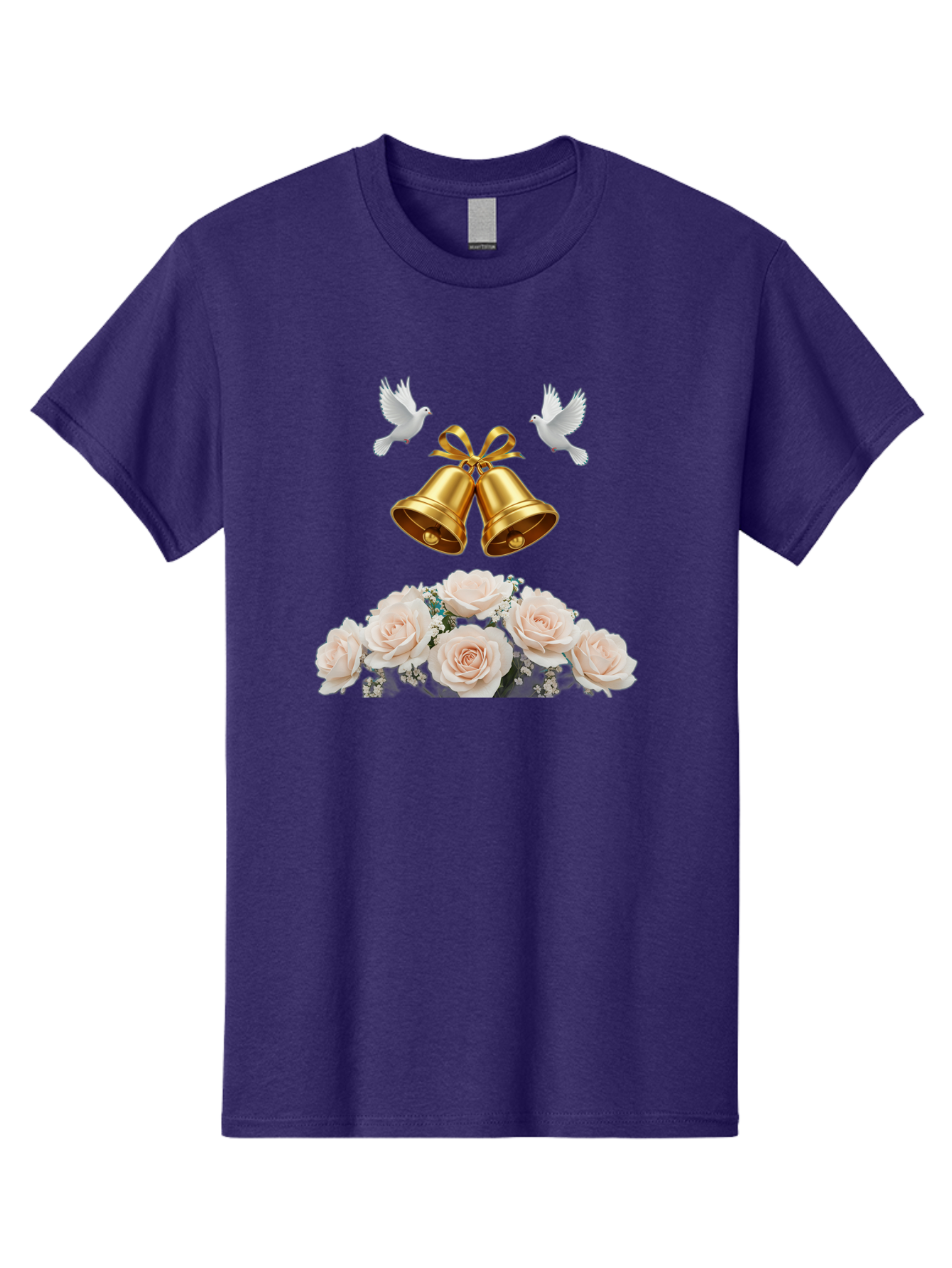 Wedding-Bells-With-Roses Men'S Graphic Tee, 100% Cotton, Comfortable Casual Summer Wear, Machine Washable, Wedding Bells, Golden Bells, White Doves, Bouquet Of Roses, White Roses, Baby'S Breath, Wedding Decor, Wedding Invitation, Bab580