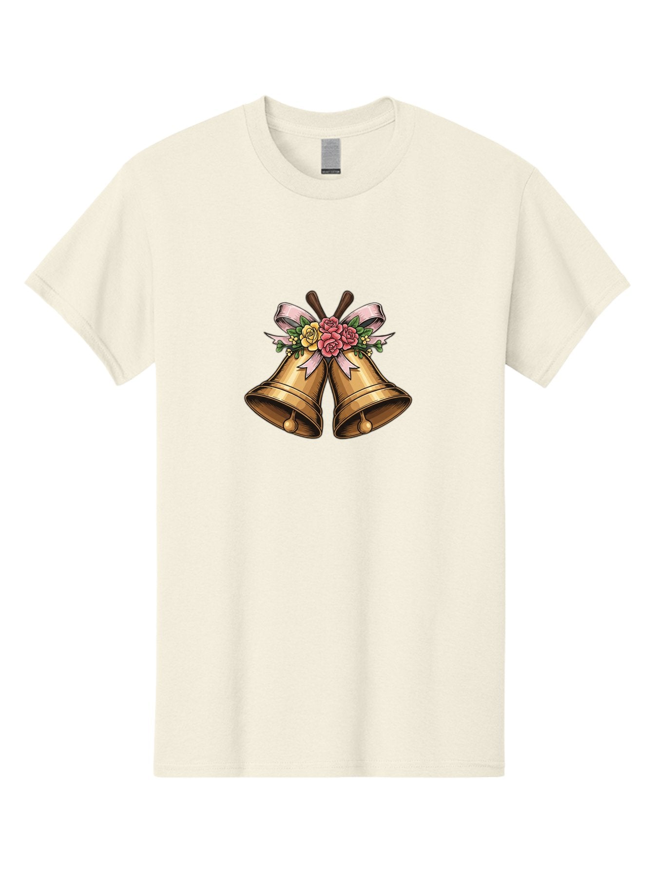 Wedding-Bells Men'S Graphic Tee, 100% Cotton, Comfortable Casual Summer Wear, Machine Washable, Wedding Bells, Golden Bells, Floral Arrangement, Roses, Pink Ribbon, Elegant Design, Wedding Decor, Celebratory Theme, Vintage Style Bab581 3