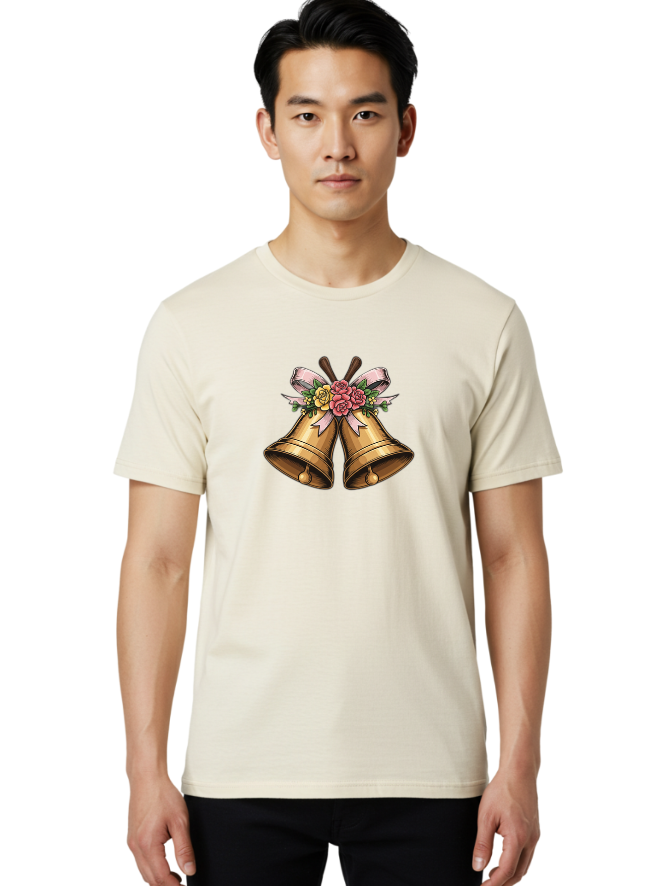 Wedding-Bells Men'S Graphic Tee, 100% Cotton, Comfortable Casual Summer Wear, Machine Washable, Wedding Bells, Golden Bells, Floral Arrangement, Roses, Pink Ribbon, Elegant Design, Wedding Decor, Celebratory Theme, Vintage Style Bab581 24