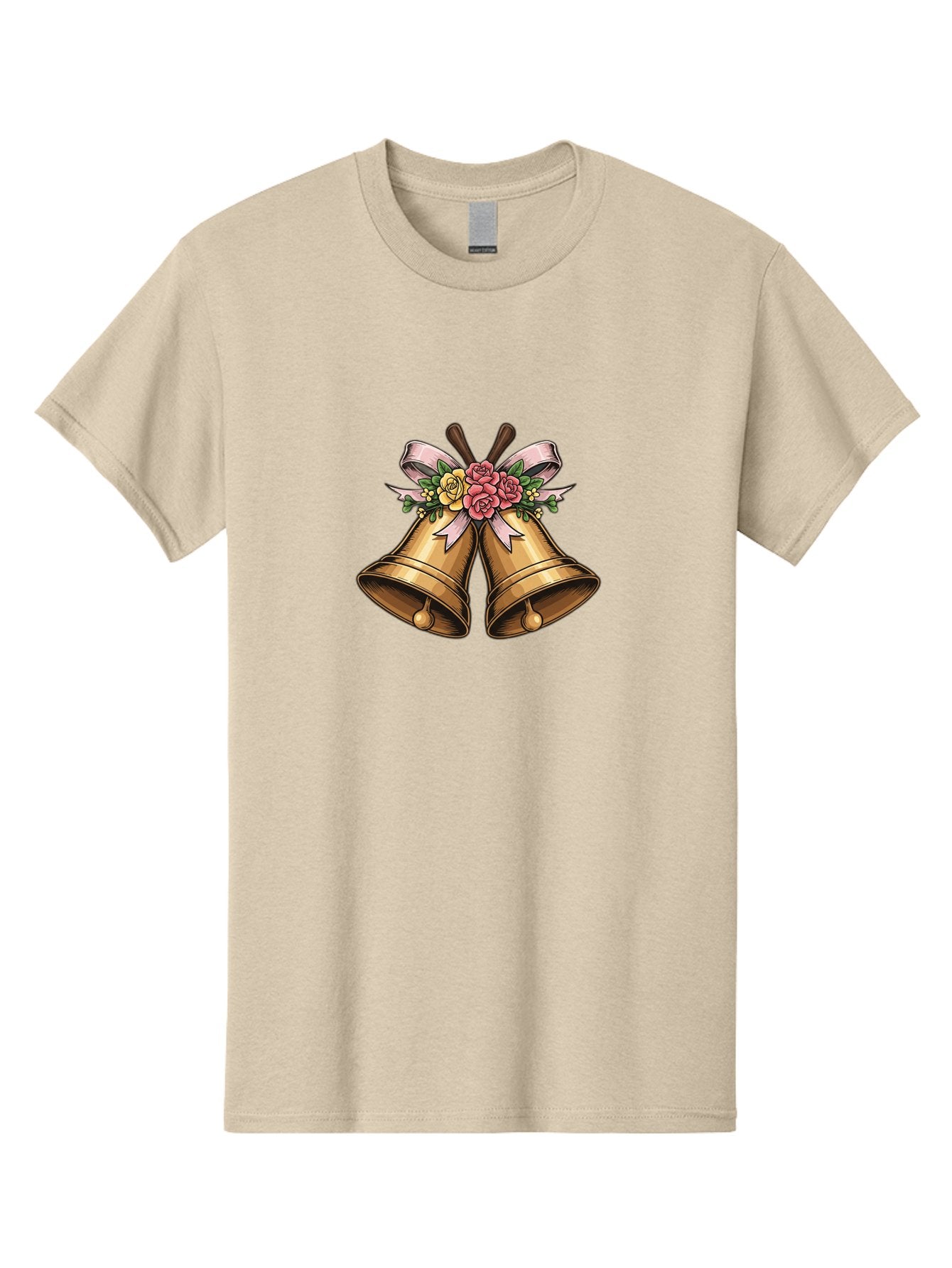 Wedding-Bells Men'S Graphic Tee, 100% Cotton, Comfortable Casual Summer Wear, Machine Washable, Wedding Bells, Golden Bells, Floral Arrangement, Roses, Pink Ribbon, Elegant Design, Wedding Decor, Celebratory Theme, Vintage Style Bab581