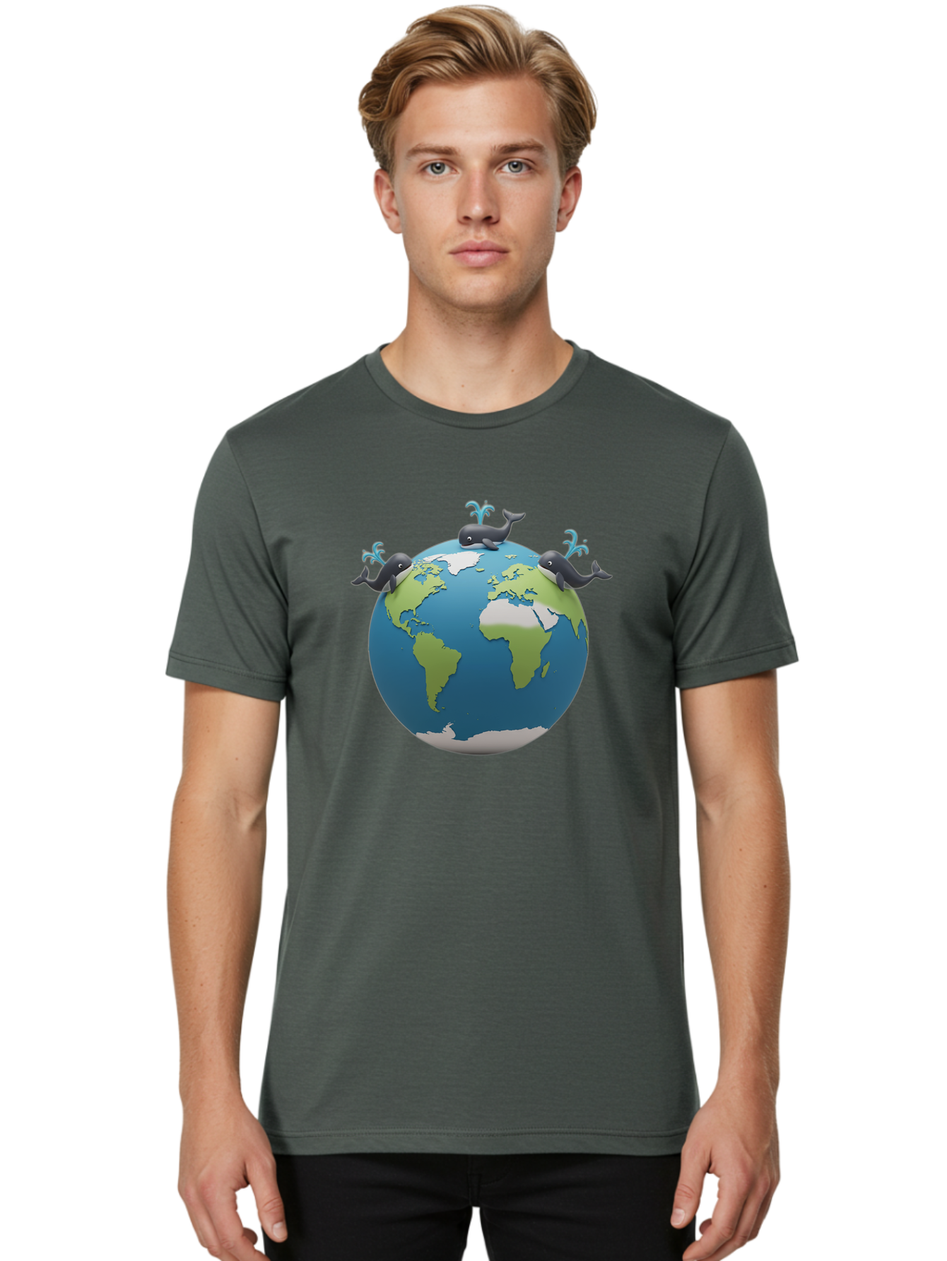 Whales-On-Globe Men'S Graphic Tee, 100% Cotton, Comfortable Casual Summer Wear, Machine Washable, Whales On Earth, Global Unity, 3D Illustration, World Map, Marine Animals, Ocean Conservation, Environmental Awareness, Cartoon Style Bab582 29