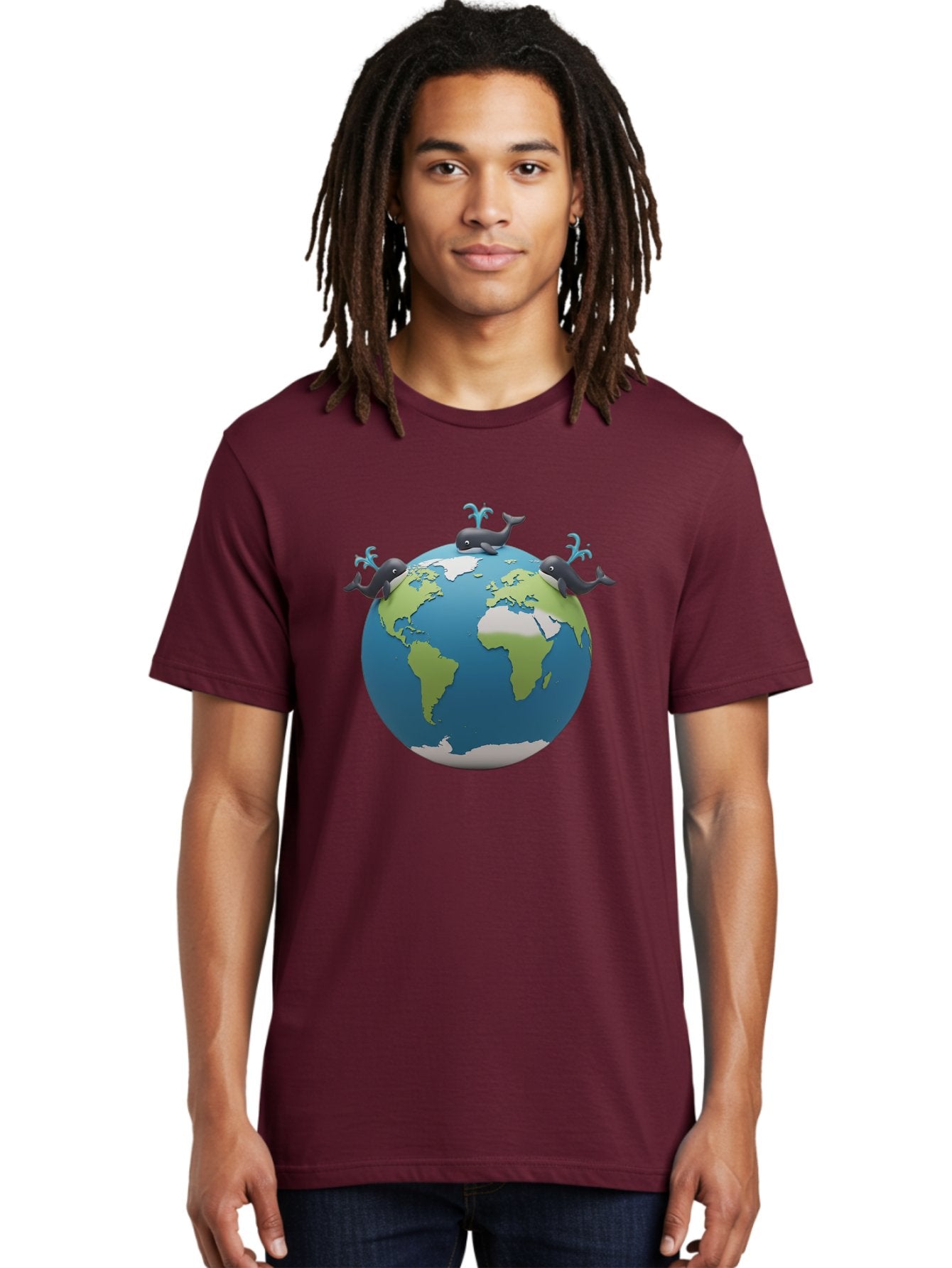 Whales-On-Globe Men'S Graphic Tee, 100% Cotton, Comfortable Casual Summer Wear, Machine Washable, Whales On Earth, Global Unity, 3D Illustration, World Map, Marine Animals, Ocean Conservation, Environmental Awareness, Cartoon Style Bab582 19