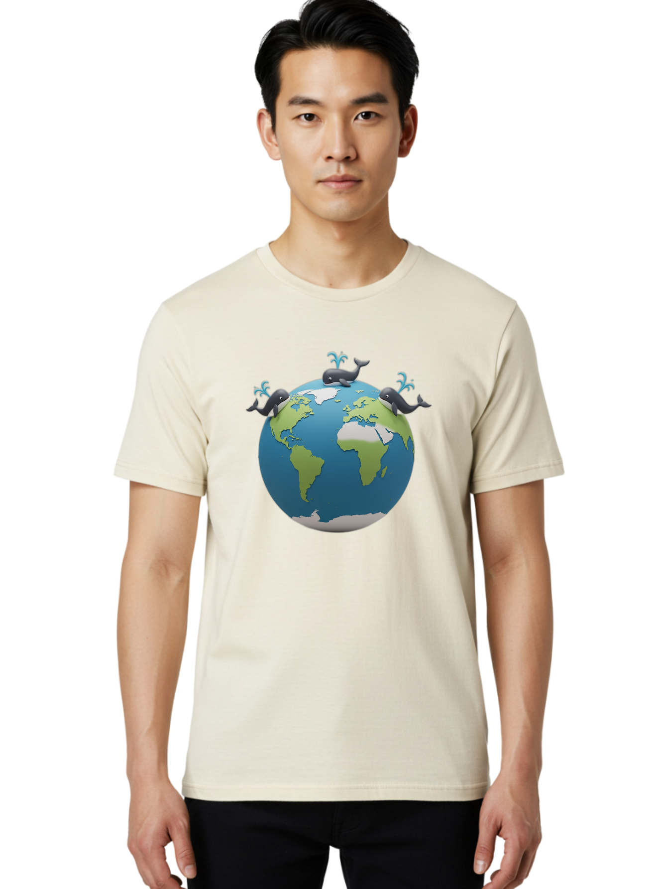 Whales-On-Globe Men'S Graphic Tee, 100% Cotton, Comfortable Casual Summer Wear, Machine Washable, Whales On Earth, Global Unity, 3D Illustration, World Map, Marine Animals, Ocean Conservation, Environmental Awareness, Cartoon Style Bab582 16