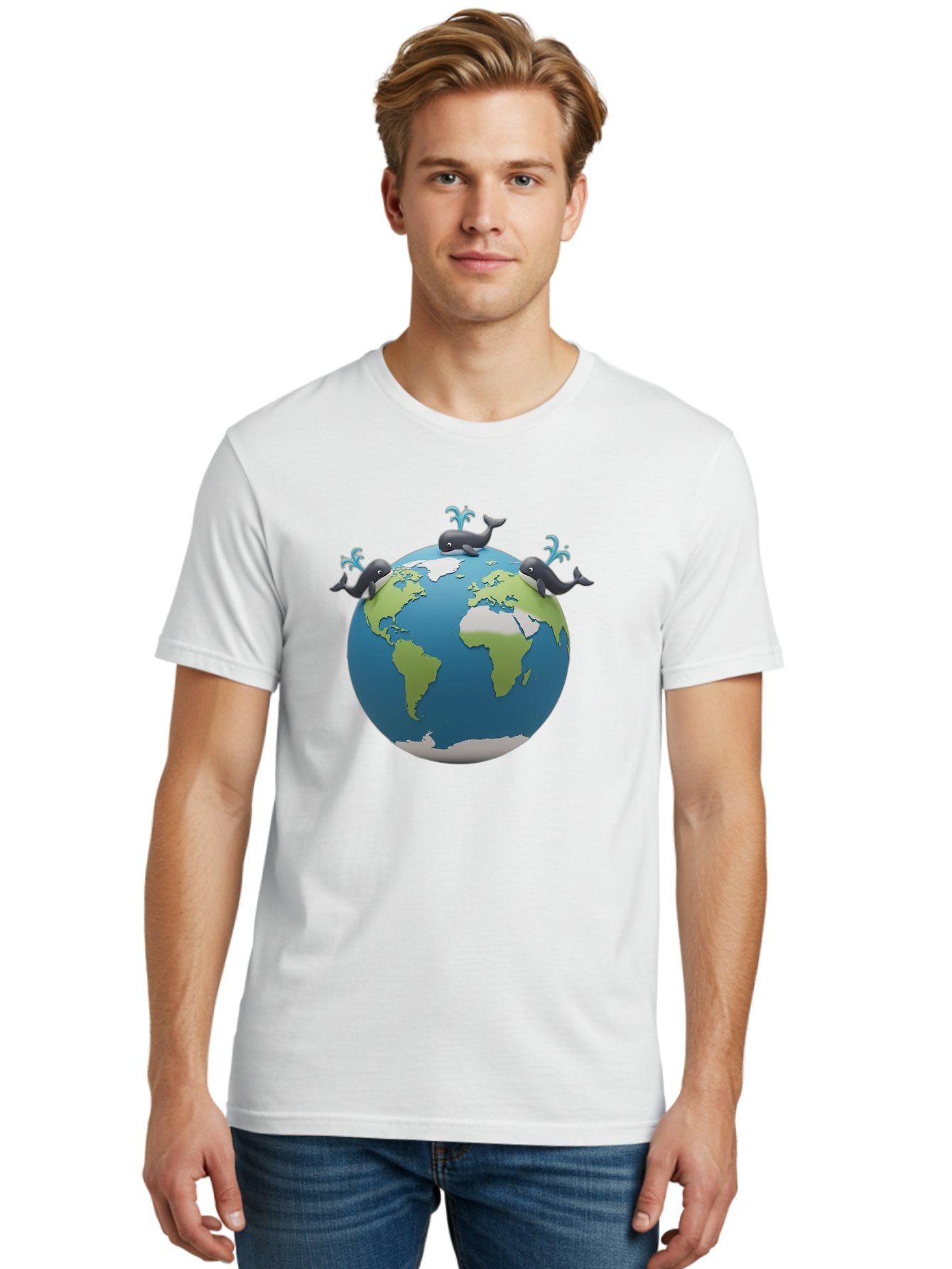 Whales-On-Globe Men'S Graphic Tee, 100% Cotton, Comfortable Casual Summer Wear, Machine Washable, Whales On Earth, Global Unity, 3D Illustration, World Map, Marine Animals, Ocean Conservation, Environmental Awareness, Cartoon Style Bab582 22