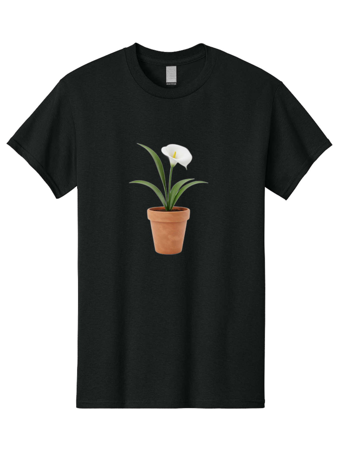 White-Calla-Lily Men'S Graphic Tee, 100% Cotton, Comfortable Casual Summer Wear, Machine Washable, Calla Lily, White Flower, Potted Plant, Terracotta Pot, Elegant Bloom, Floral Beauty, Simple Decor, Home Decor, Yellow Stamen, Green Leaves, Bab584