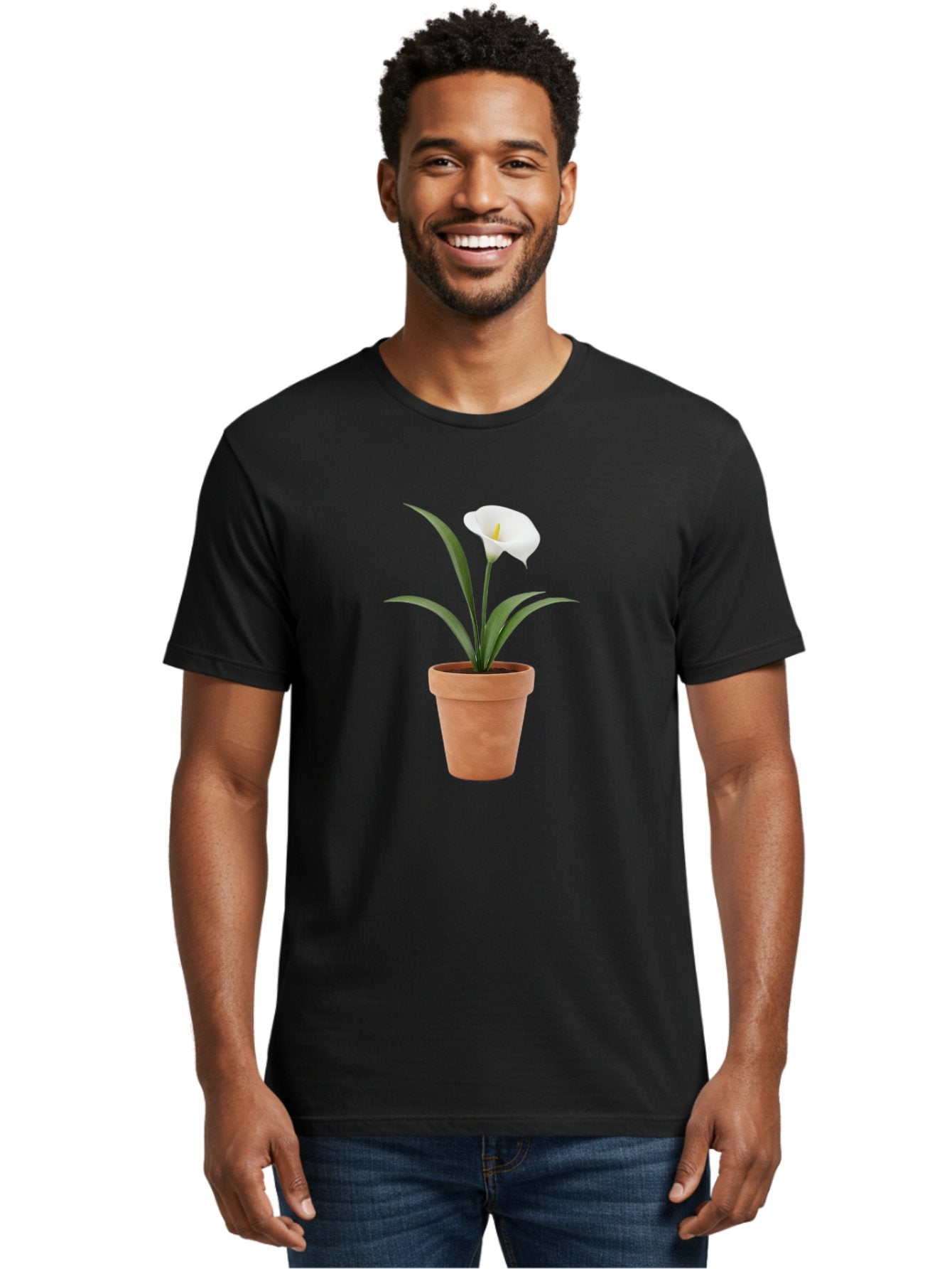 White-Calla-Lily Men'S Graphic Tee, 100% Cotton, Comfortable Casual Summer Wear, Machine Washable, Calla Lily, White Flower, Potted Plant, Terracotta Pot, Elegant Bloom, Floral Beauty, Simple Decor, Home Decor, Yellow Stamen, Green Leaves, Bab584 29