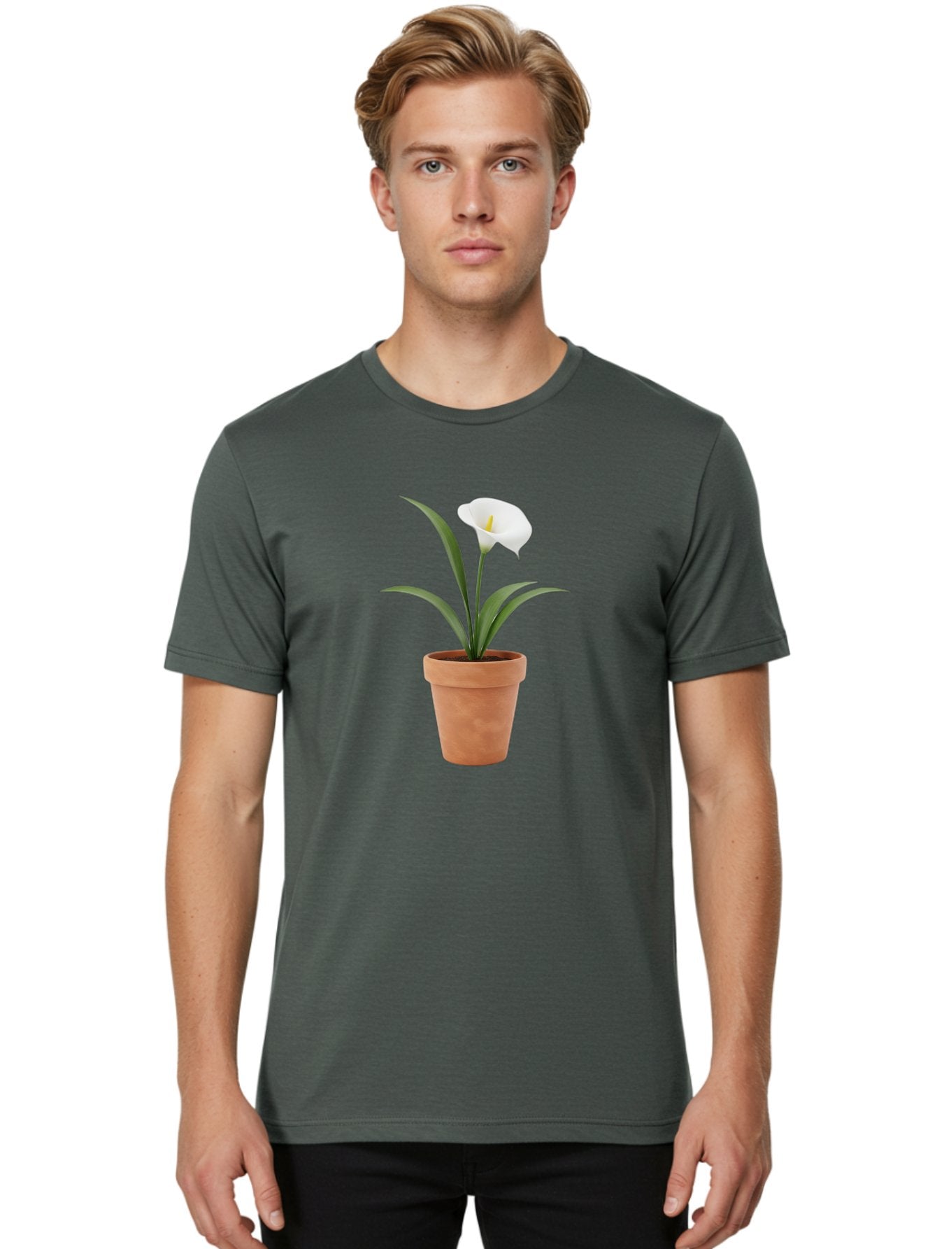 White-Calla-Lily Men'S Graphic Tee, 100% Cotton, Comfortable Casual Summer Wear, Machine Washable, Calla Lily, White Flower, Potted Plant, Terracotta Pot, Elegant Bloom, Floral Beauty, Simple Decor, Home Decor, Yellow Stamen, Green Leaves, Bab584 27