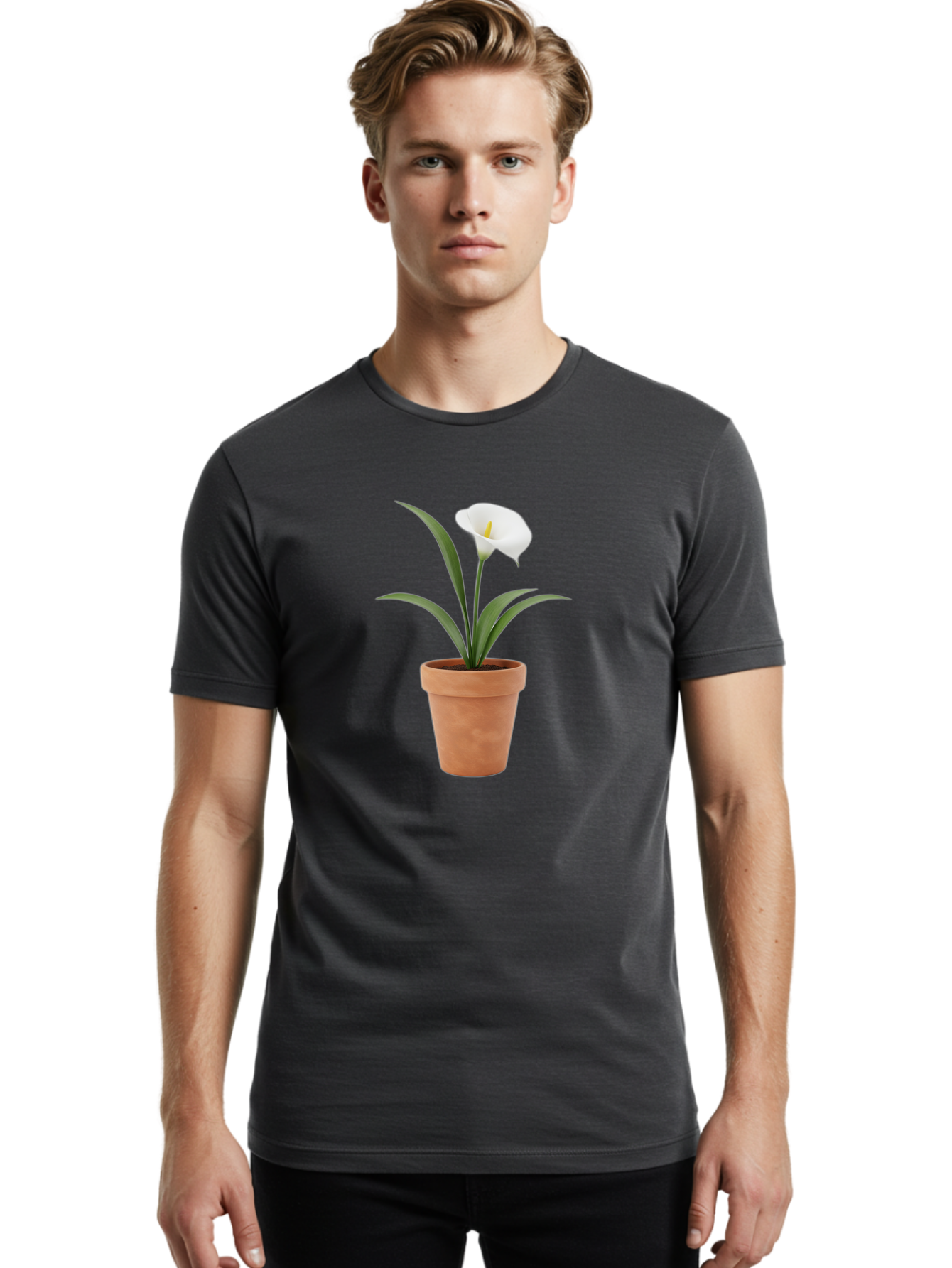 White-Calla-Lily Men'S Graphic Tee, 100% Cotton, Comfortable Casual Summer Wear, Machine Washable, Calla Lily, White Flower, Potted Plant, Terracotta Pot, Elegant Bloom, Floral Beauty, Simple Decor, Home Decor, Yellow Stamen, Green Leaves, Bab584 28