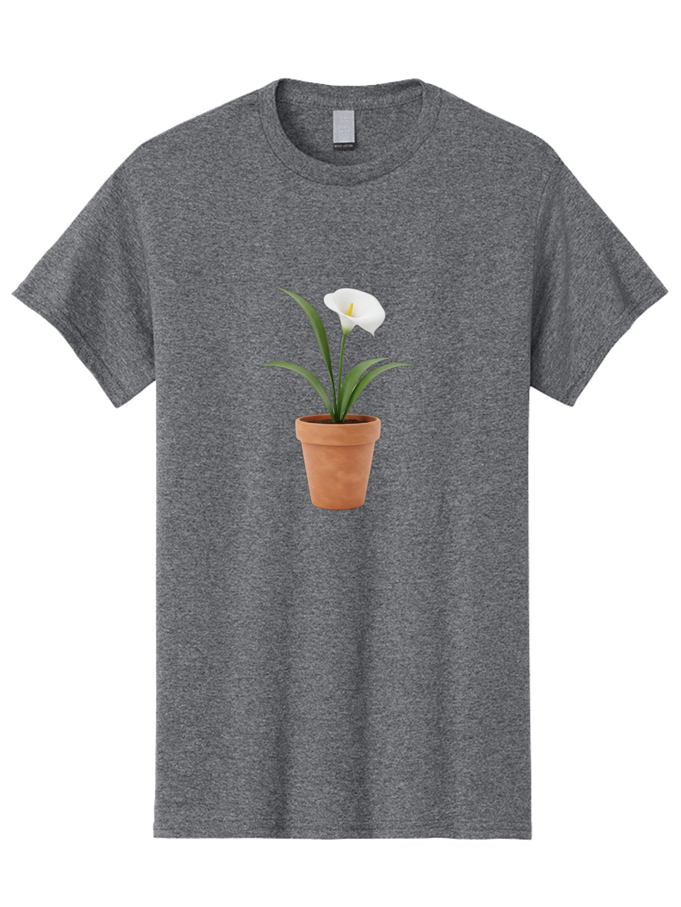 White-Calla-Lily Men'S Graphic Tee, 100% Cotton, Comfortable Casual Summer Wear, Machine Washable, Calla Lily, White Flower, Potted Plant, Terracotta Pot, Elegant Bloom, Floral Beauty, Simple Decor, Home Decor, Yellow Stamen, Green Leaves, Bab584