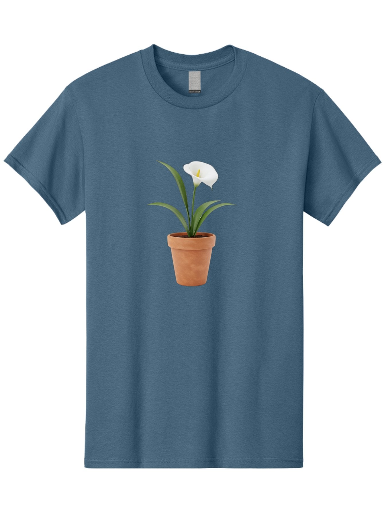 White-Calla-Lily Men'S Graphic Tee, 100% Cotton, Comfortable Casual Summer Wear, Machine Washable, Calla Lily, White Flower, Potted Plant, Terracotta Pot, Elegant Bloom, Floral Beauty, Simple Decor, Home Decor, Yellow Stamen, Green Leaves, Bab584