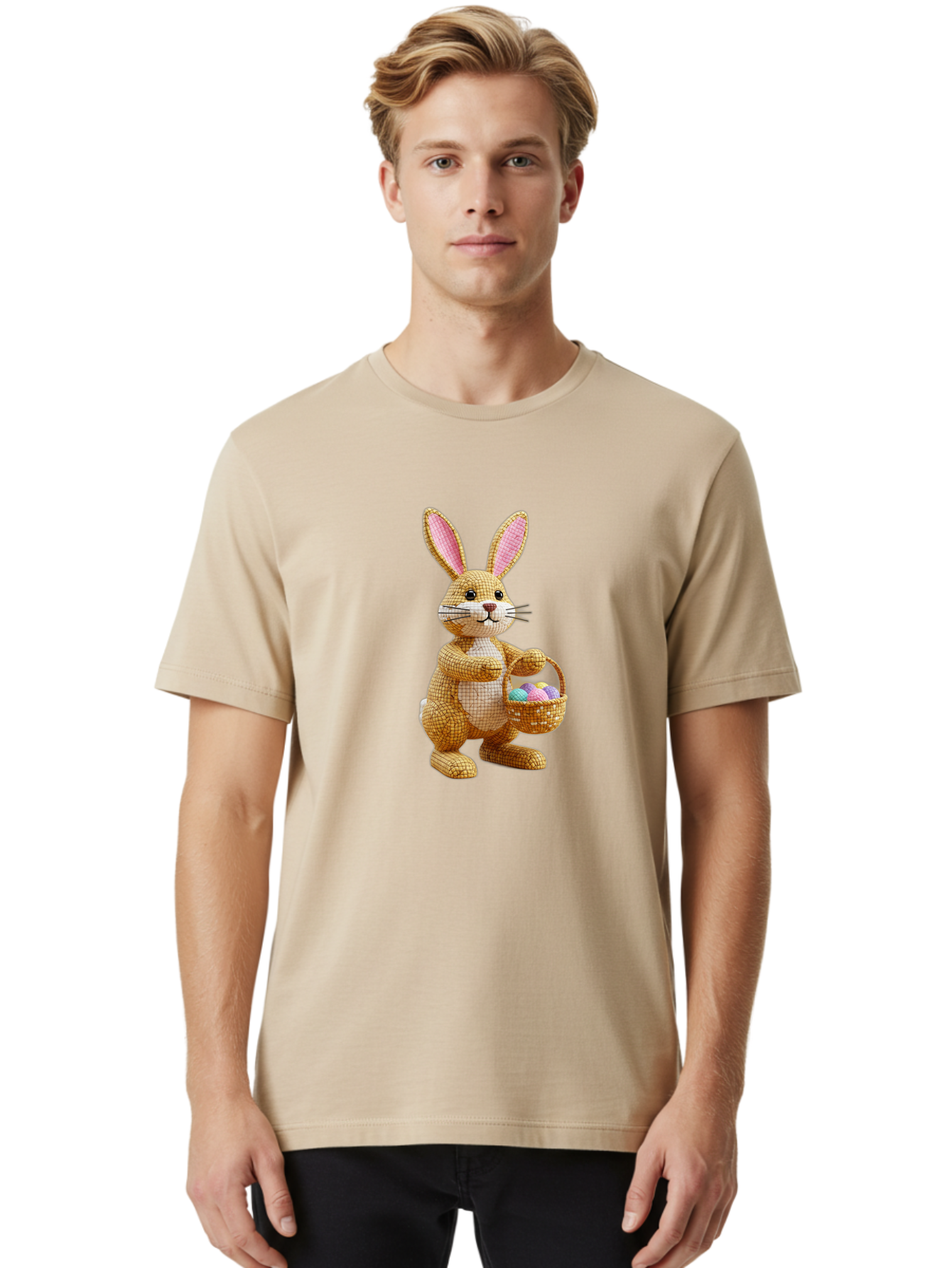 Wicker-Easter-Bunny Men'S Graphic Tee, 100% Cotton, Comfortable Casual Summer Wear, Machine Washable, Wicker Bunny, Holding Basket, Easter Eggs, Spring Holiday, Pastel Colors, Whimsical Design, Wicker Texture, Easter Basket, Cute Bunny, Bab586 21
